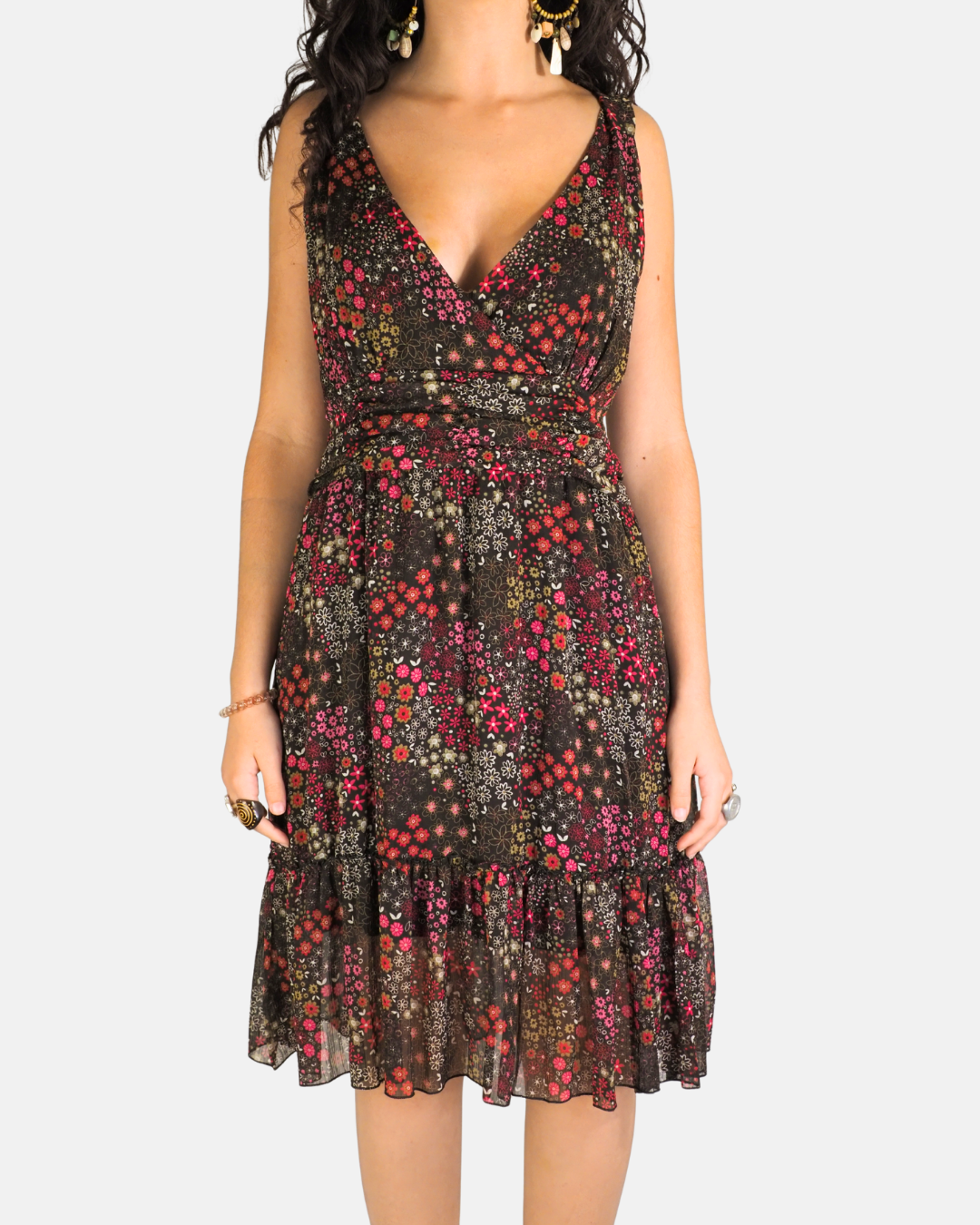 Black Floral Sheer Tiered Dress
