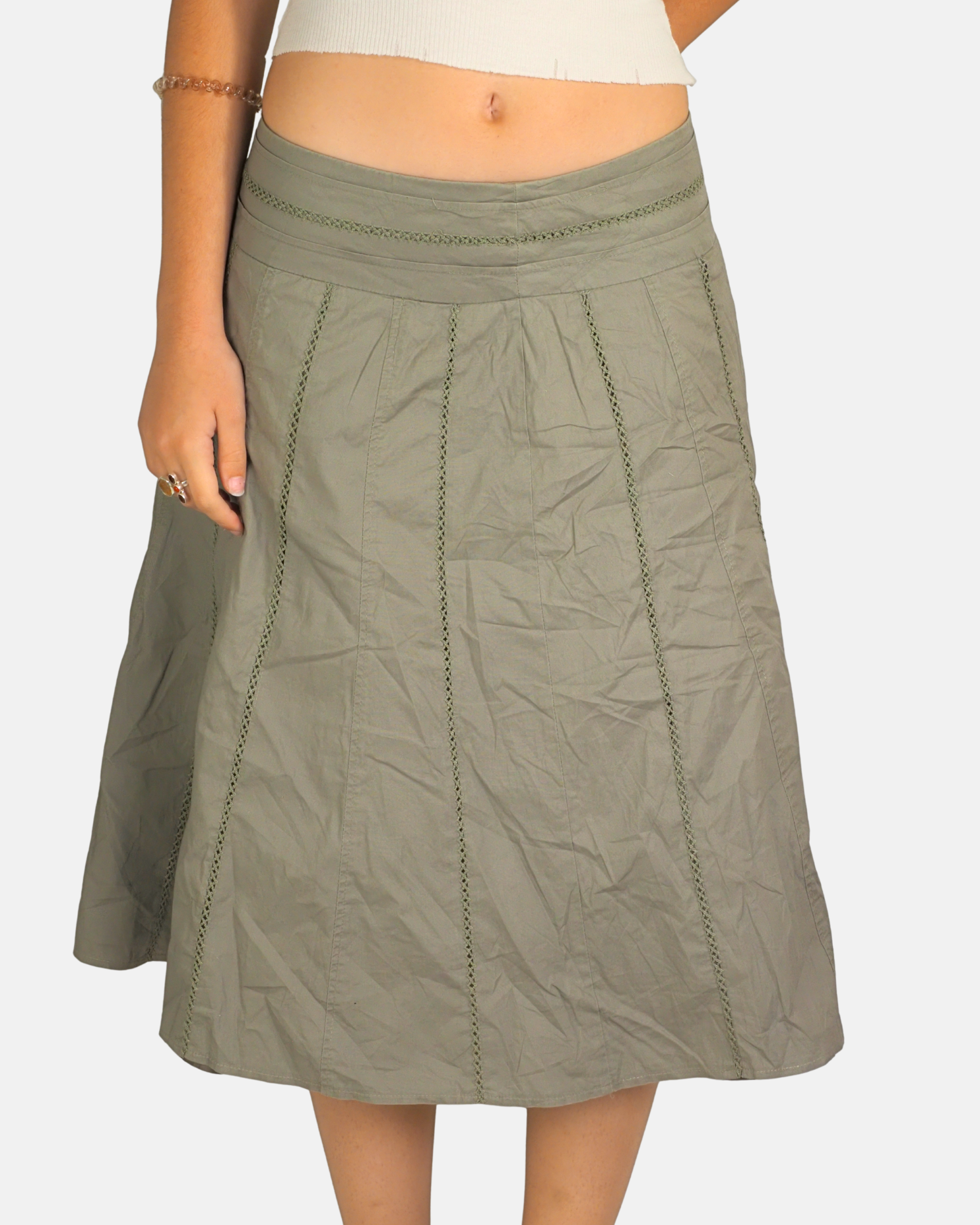 Khaki Crochet Detail Midi Skirt - Yen London