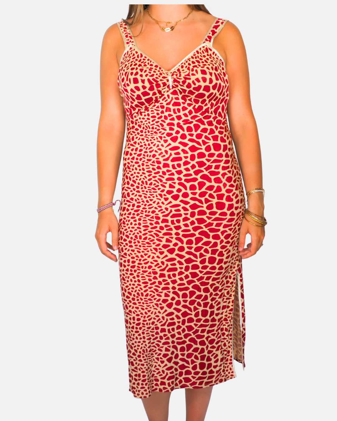 Red Geometric Print Queens Side Split Midi Dress