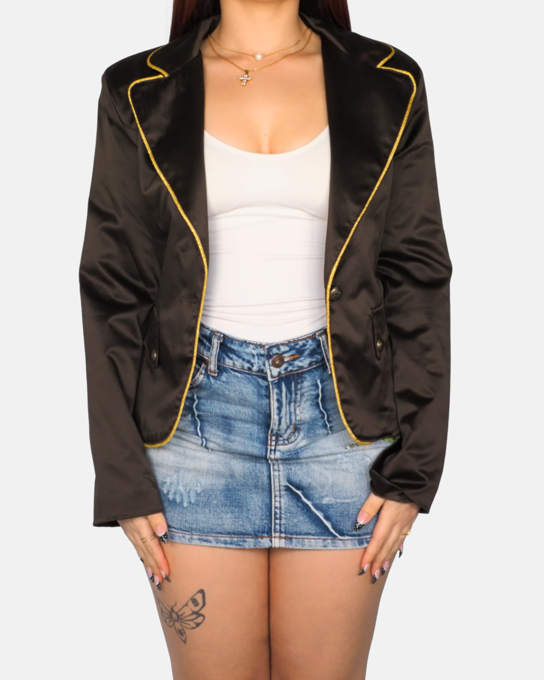 Y2K Black Satin Gold-Trim Blazer