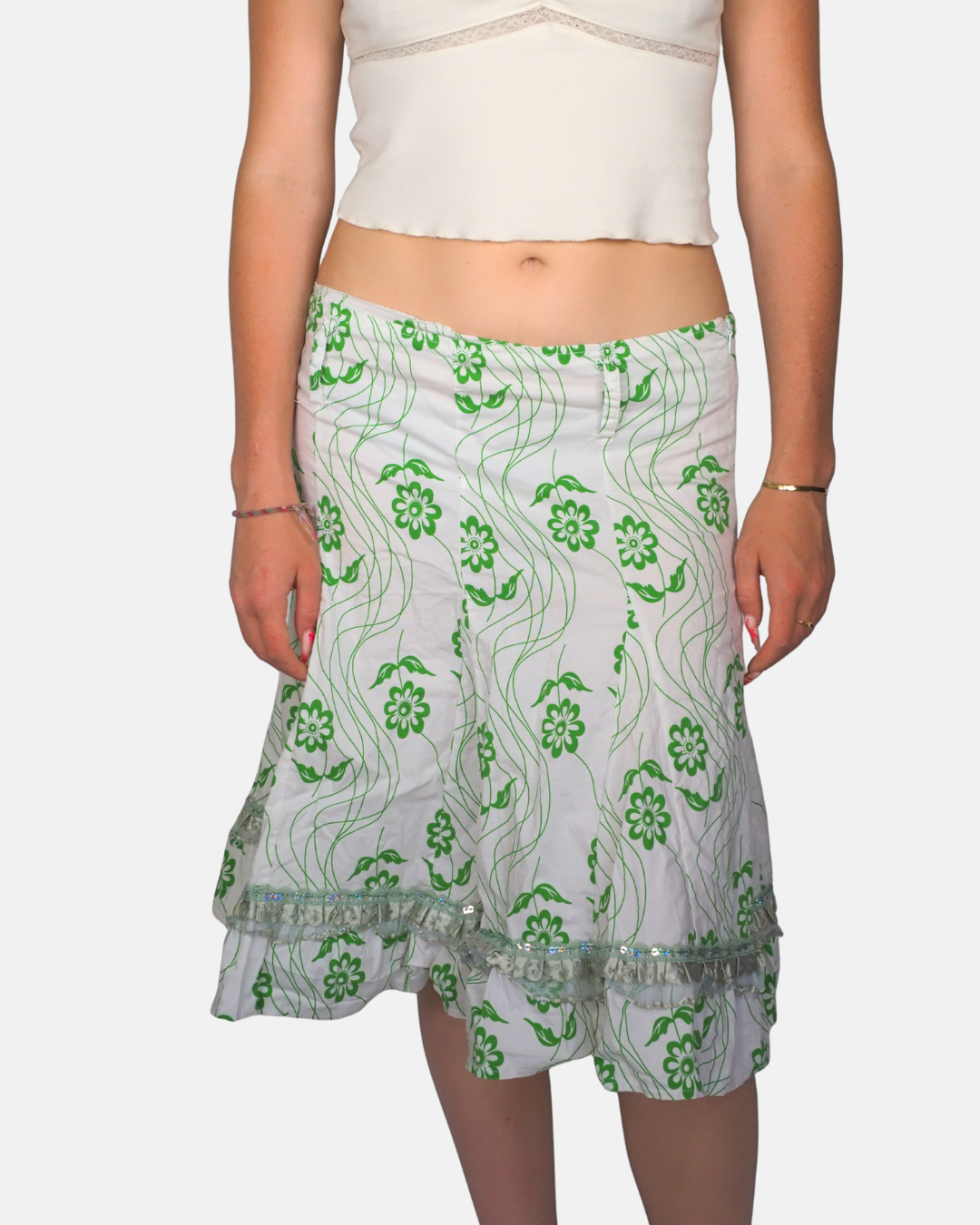White & Green Floral Print Ruffle Hem Midi Skirt