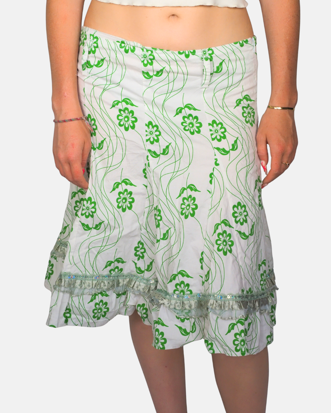 White & Green Floral Print Ruffle Hem Midi Skirt