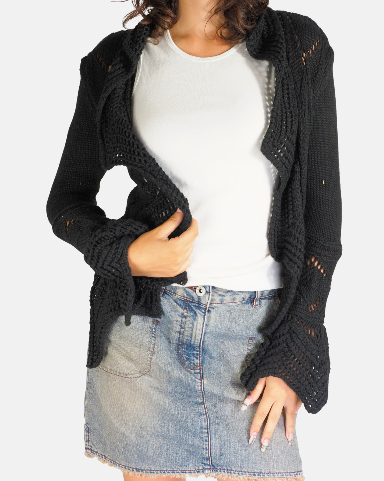Black Open Knit Ruffle Cardigan - No Smoke