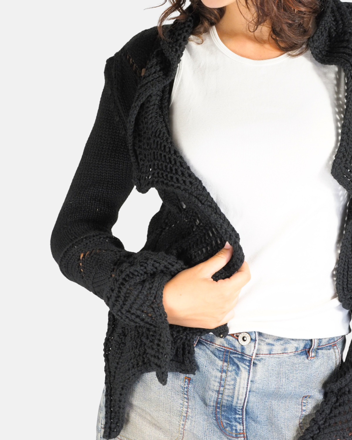 Black Open Knit Ruffle Cardigan - No Smoke