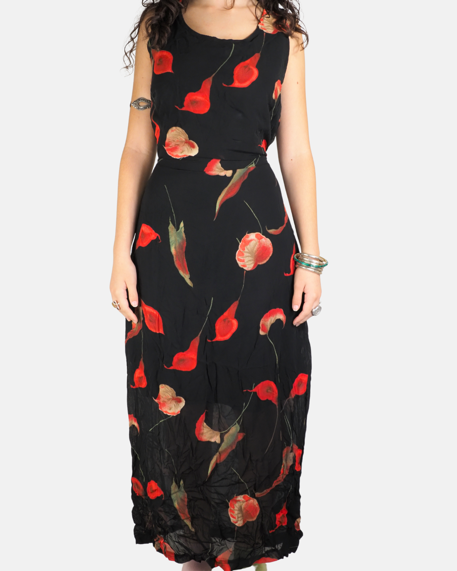 Y2K Black Red Poppy Print Maxi Dress
