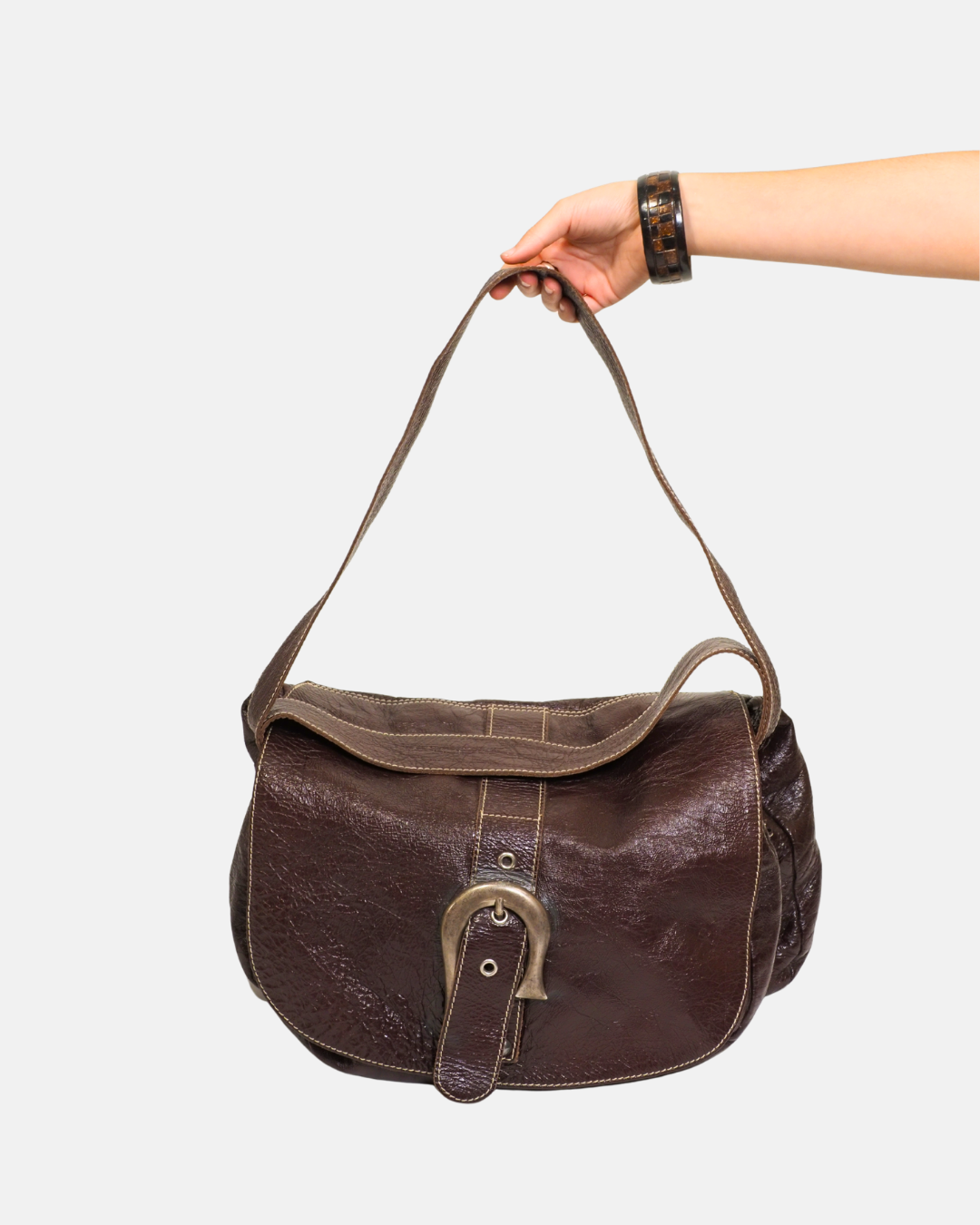 Manila Grace Vintage Brown Leather Buckle Hobo Bag