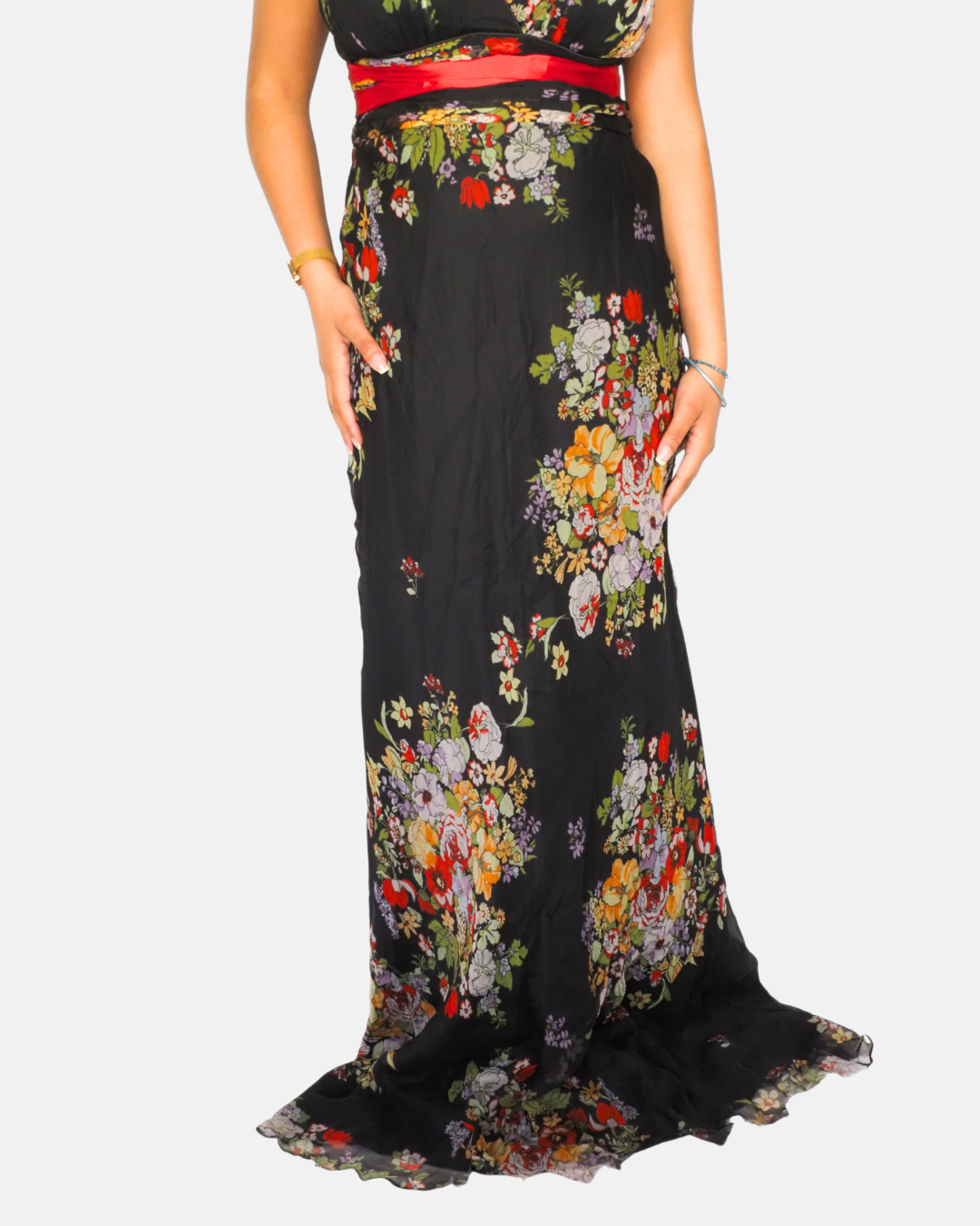 Pearce Fionda Vintage Black Floral Halter Maxi Dress