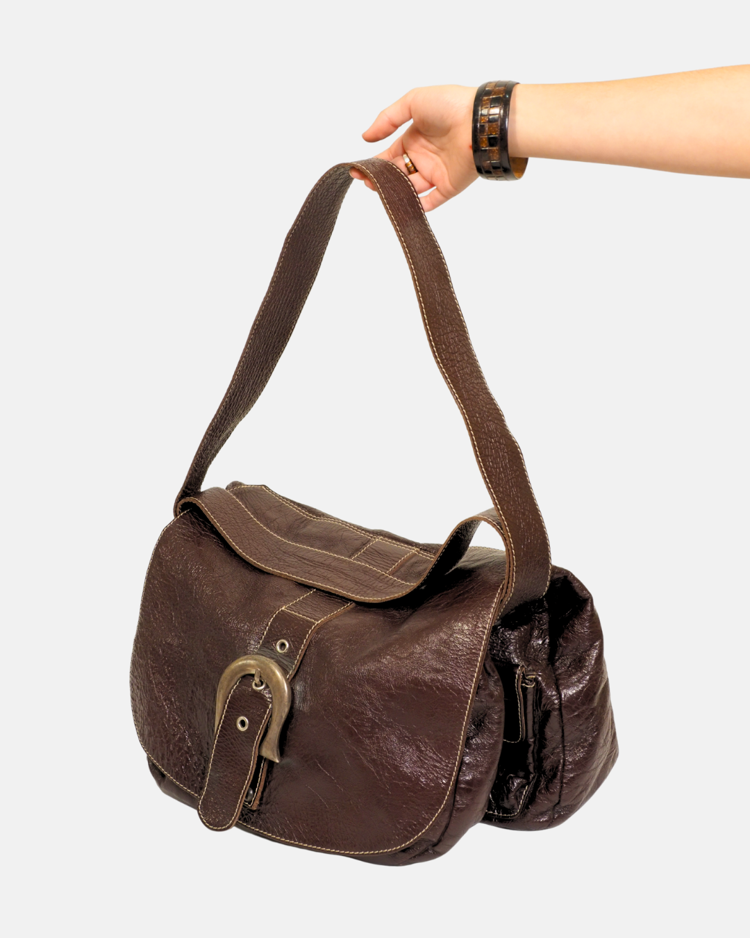Manila Grace Vintage Brown Leather Buckle Hobo Bag