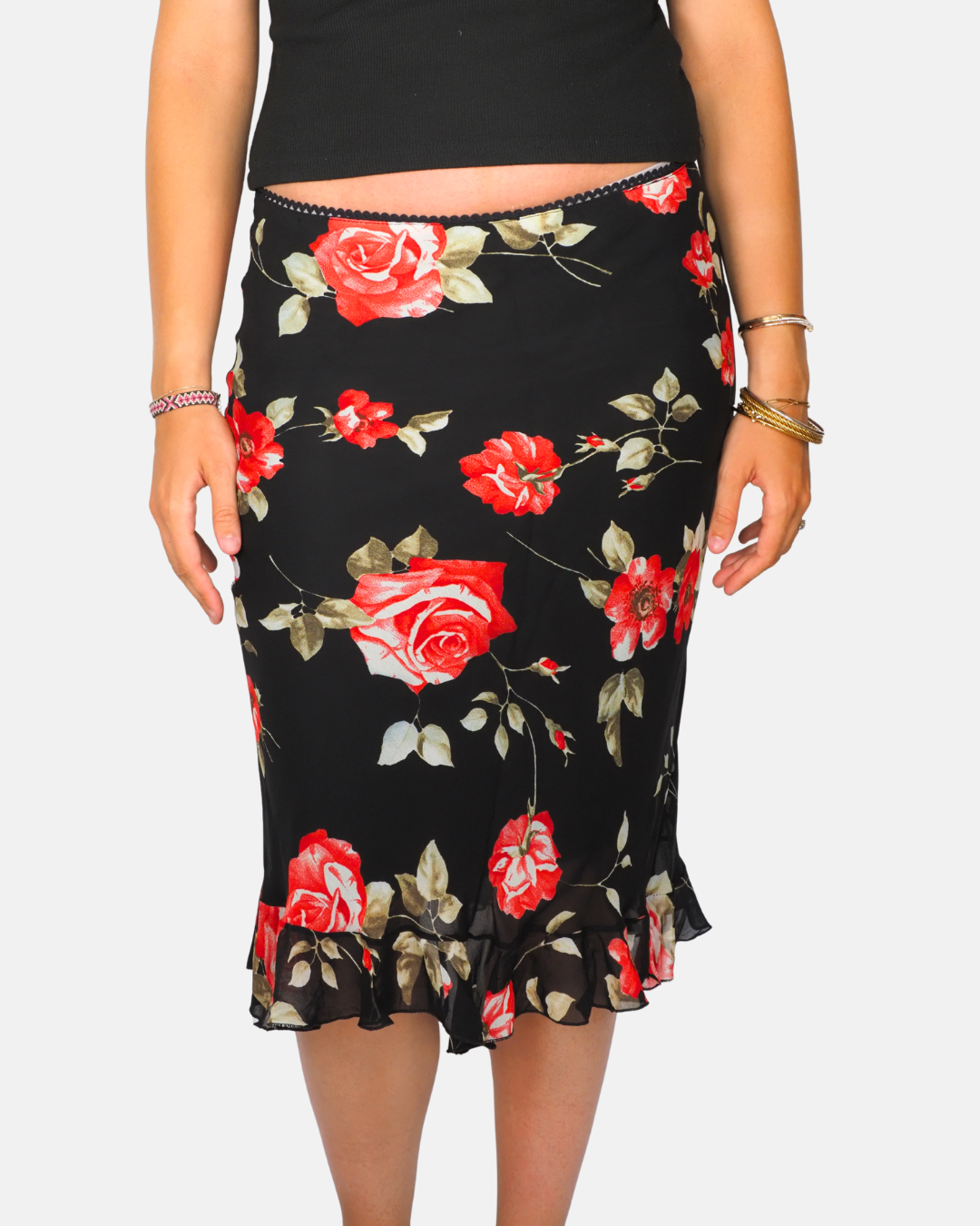 Black & Red Rose Print Ruffle Hem Midi Skirt
