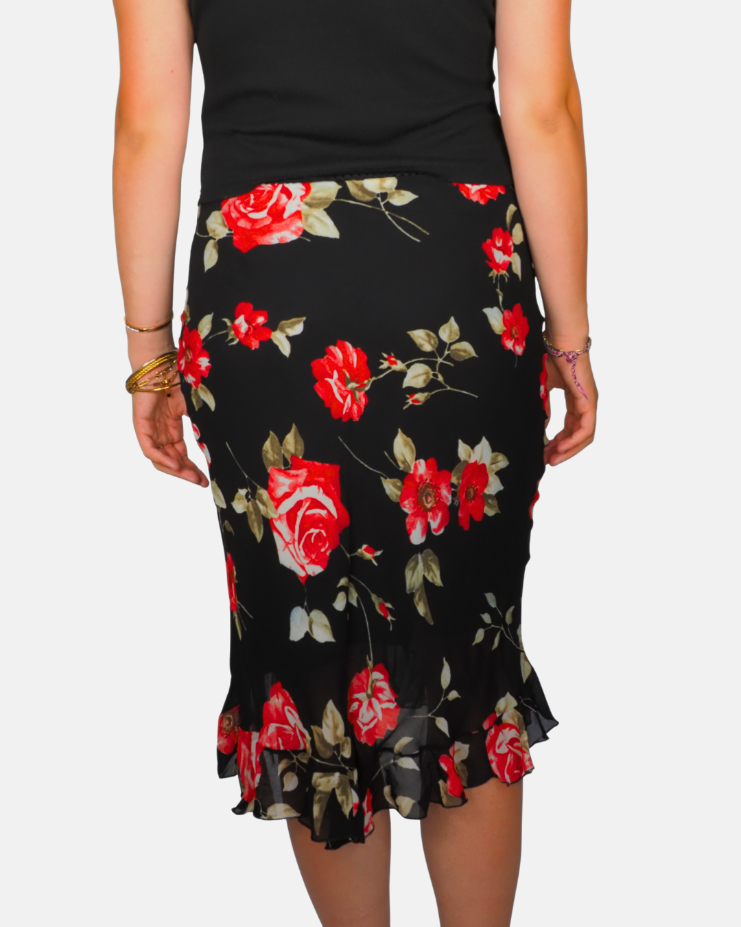 Black & Red Rose Print Ruffle Hem Midi Skirt