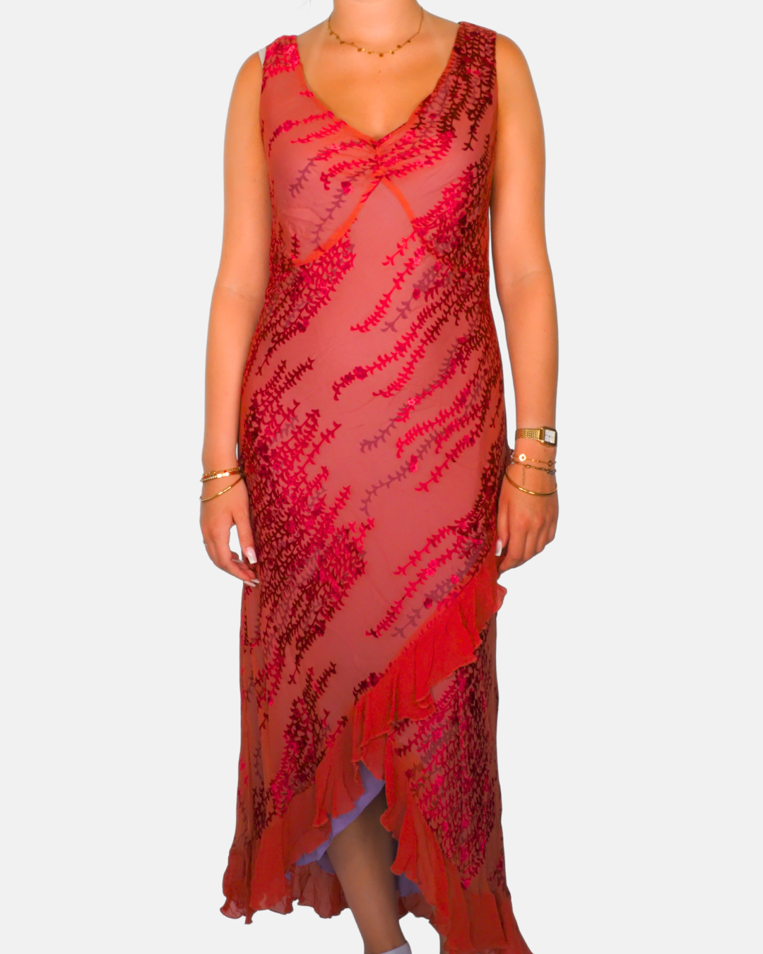 Monsoon Red Burnout Velvet Handkerchief Hem Maxi Dress