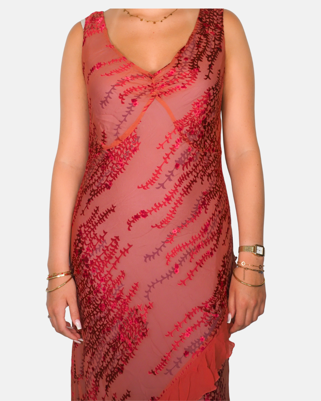 Monsoon Red Burnout Velvet Handkerchief Hem Maxi Dress