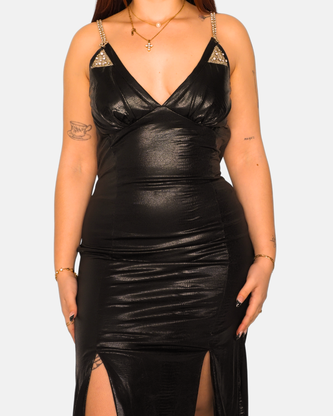 Black Wet-Look Bodycon Maxi Dress with Rhinestone Back￼