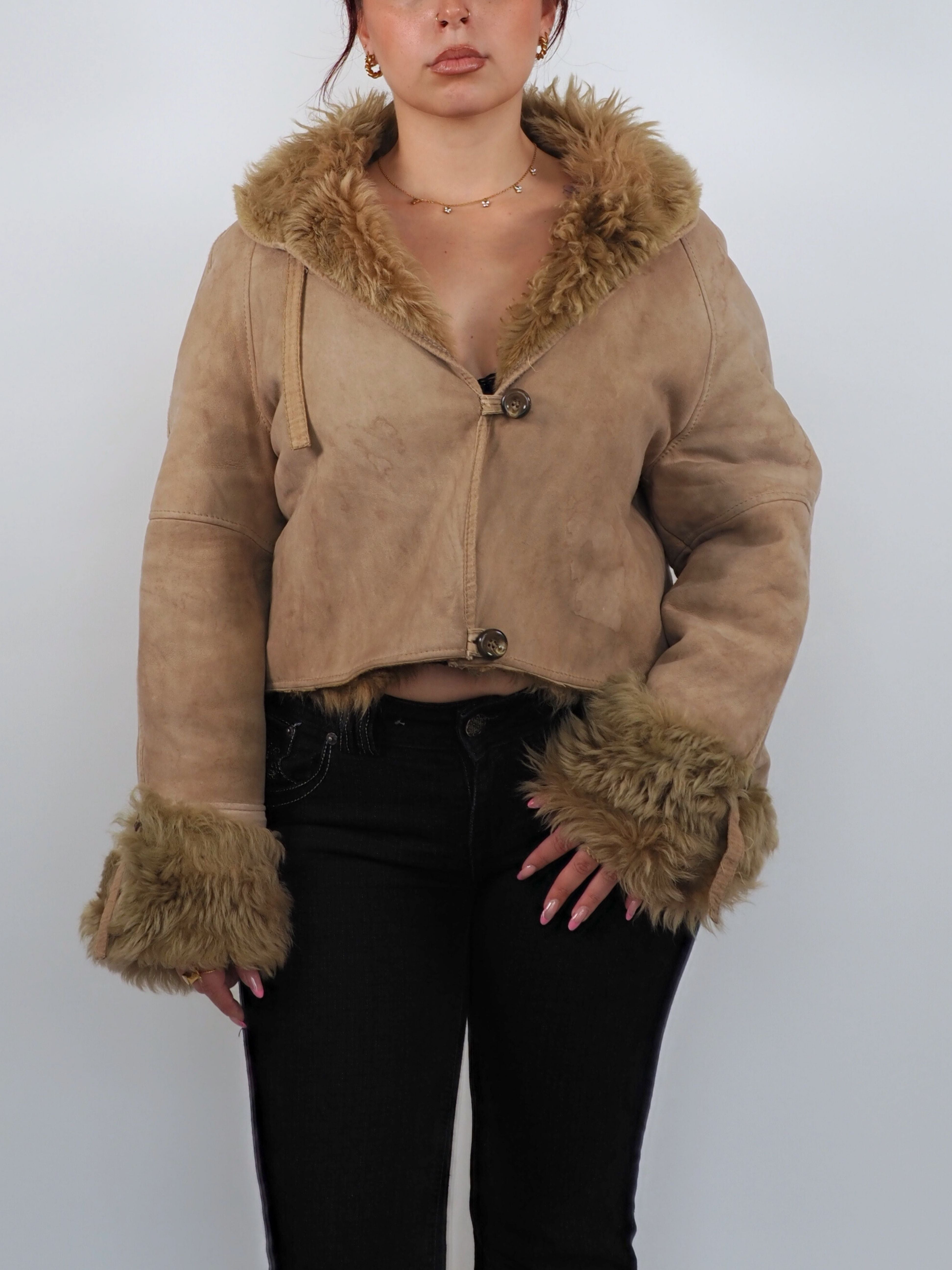 Vintage Real Calf Skin with Sheep Fur Cropped Jacket