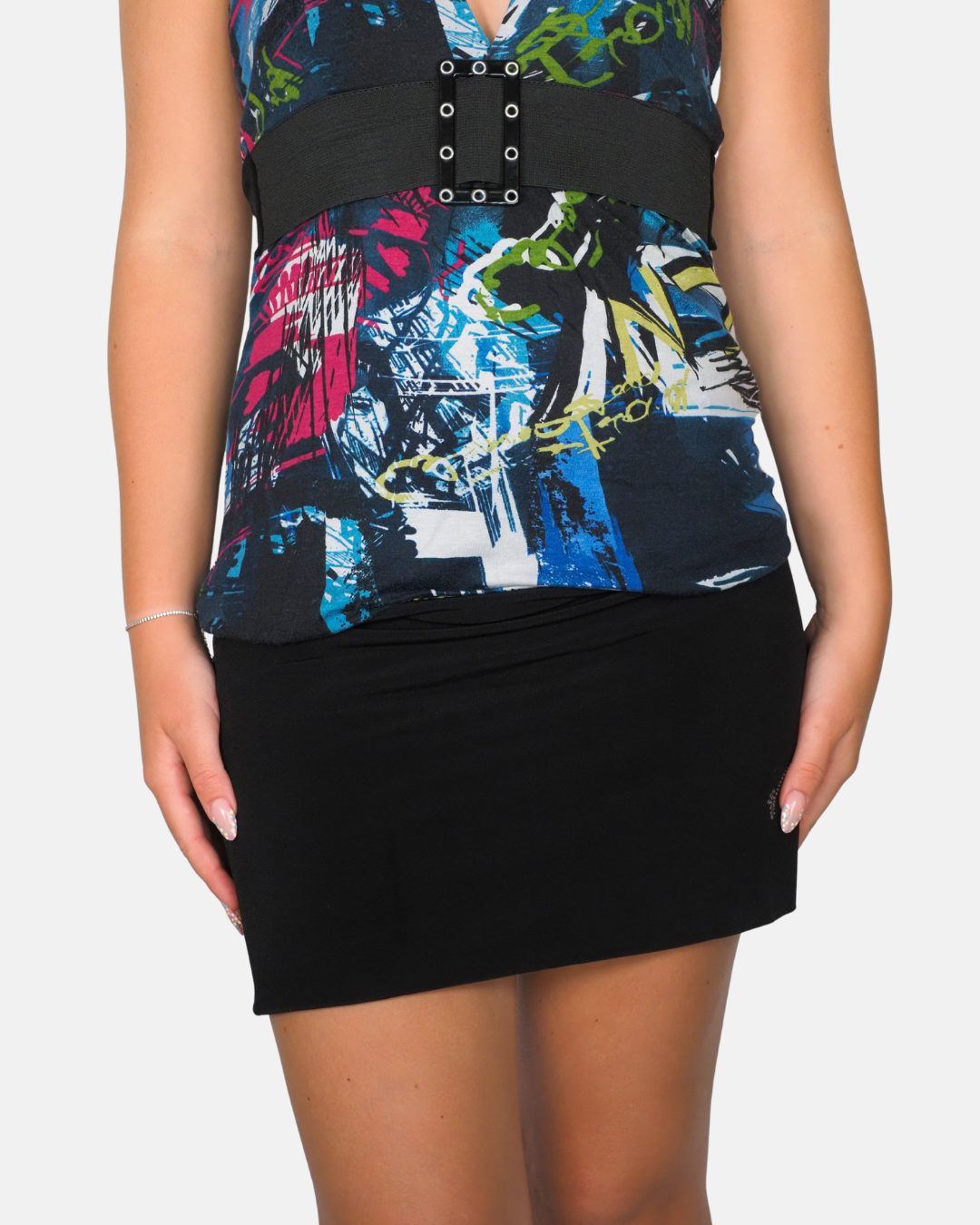 Black Abstract Print Halterneck Buckle Top