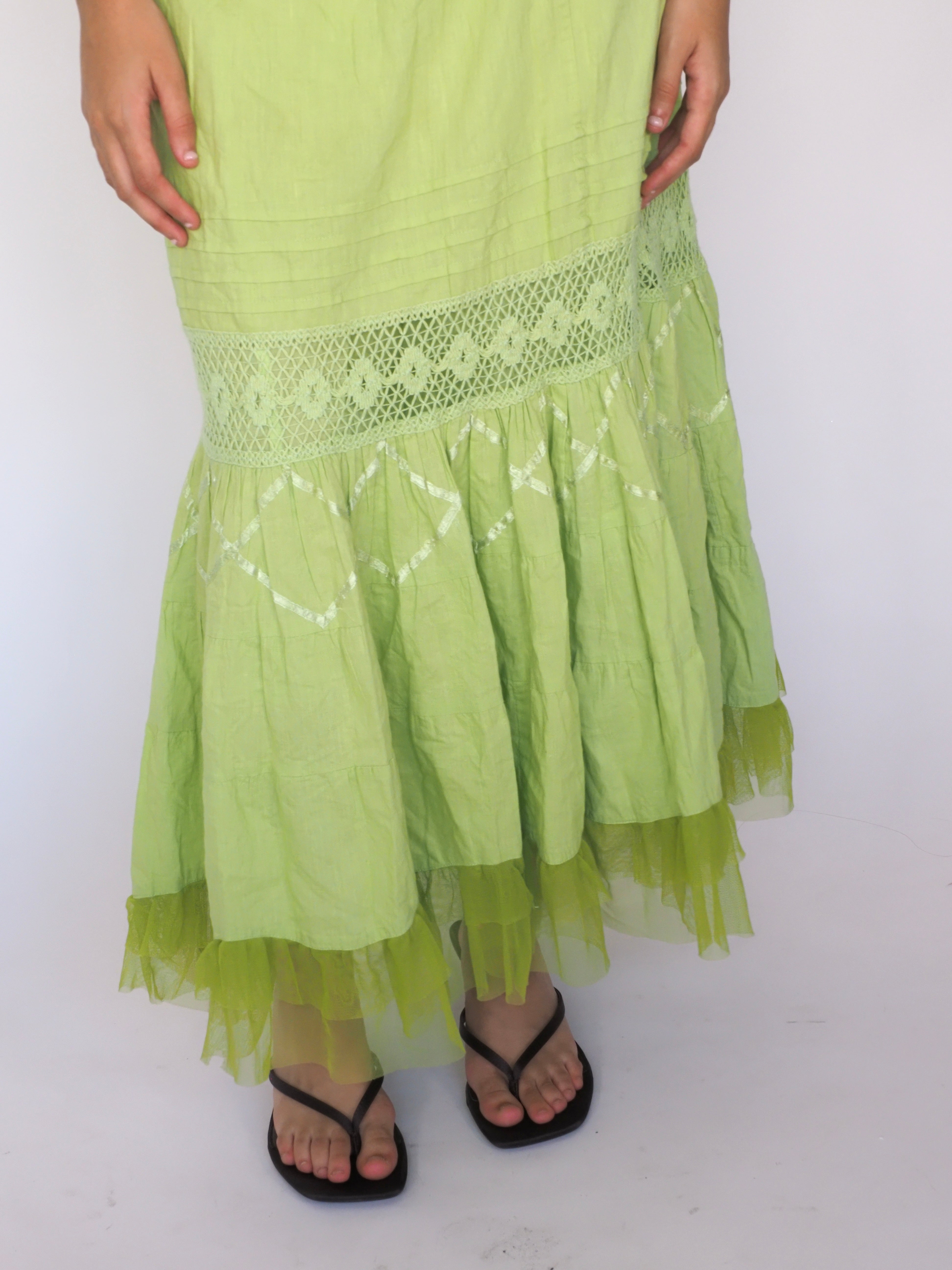 Lime Green Boho Maxi Skirt with Lace & Tulle Tri
