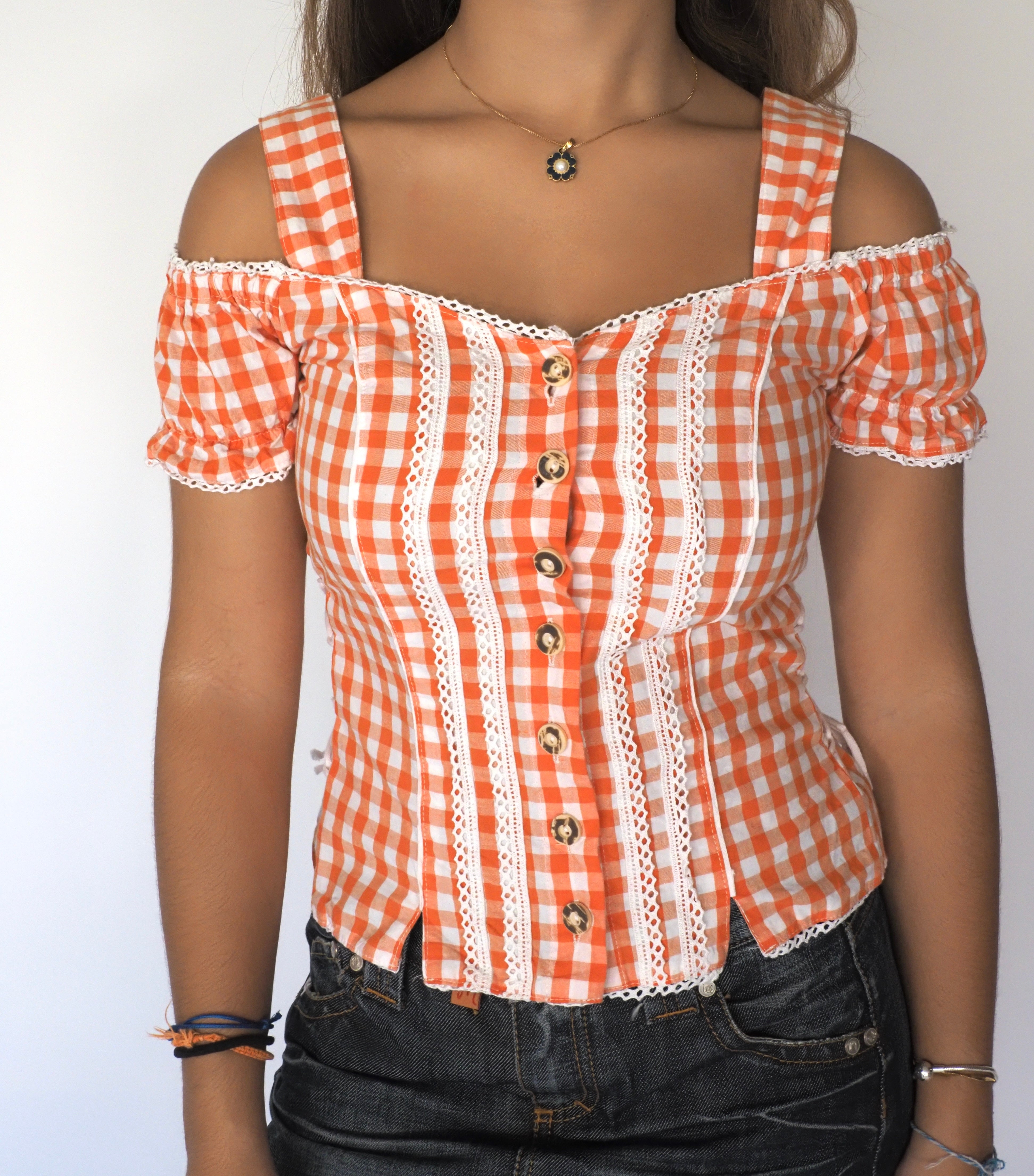 Marjo Orange Gingham Corset-Style Bavarian Top