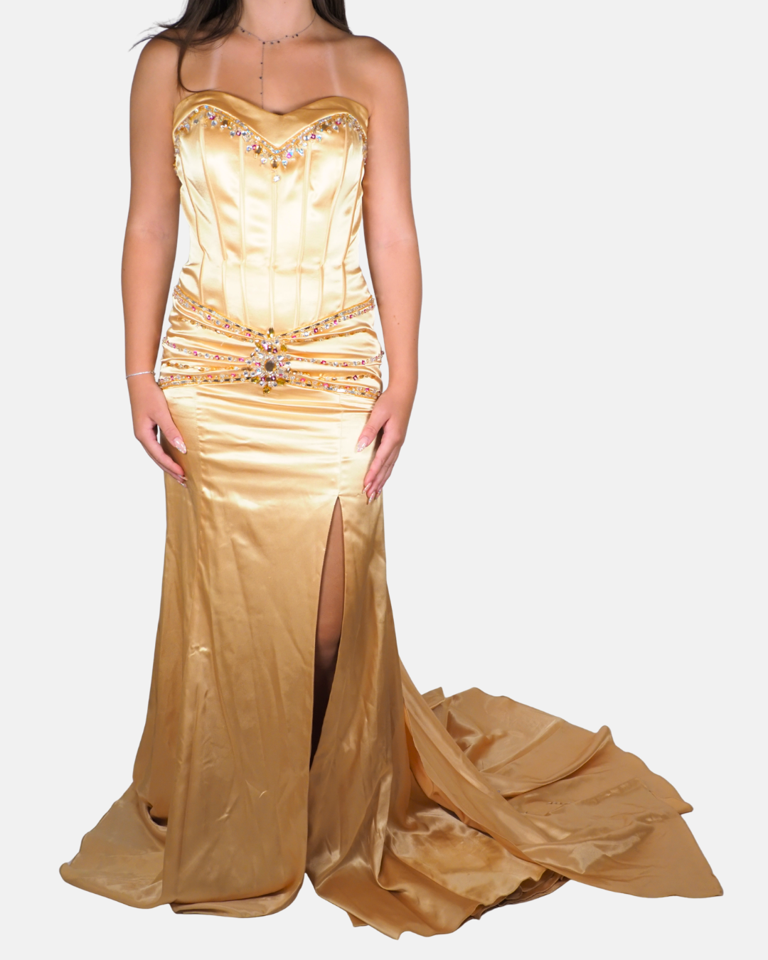 Gold Embellished Corset Evening Gown with Train