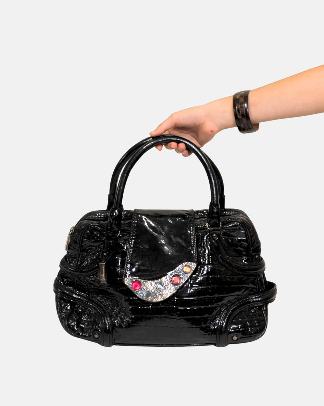 Blumarine Vintage Y2K Black Patent Croc Embellished Handbag