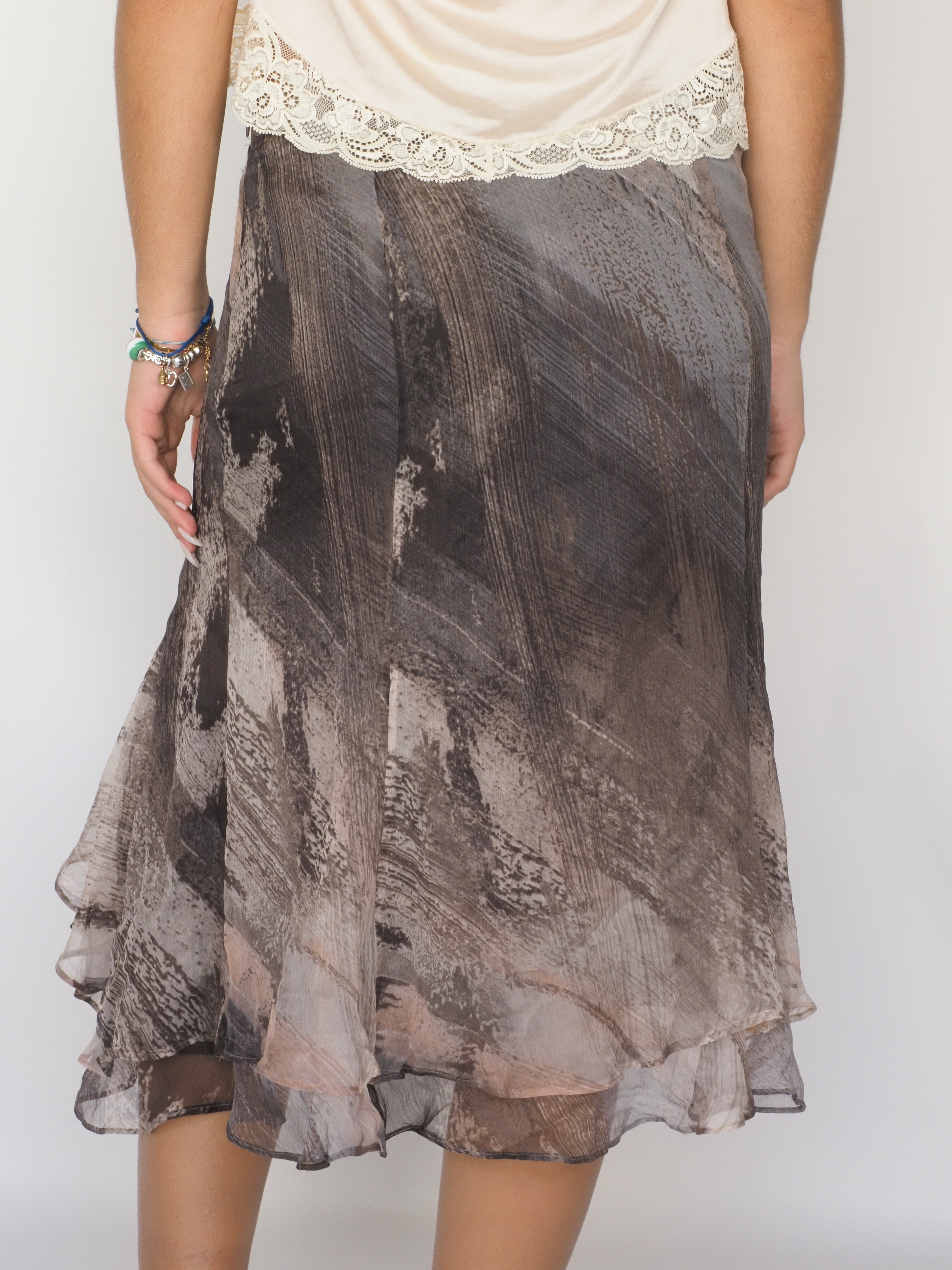 Earth-Toned Abstract Chiffon Midi Skirt – Diana Galessi
