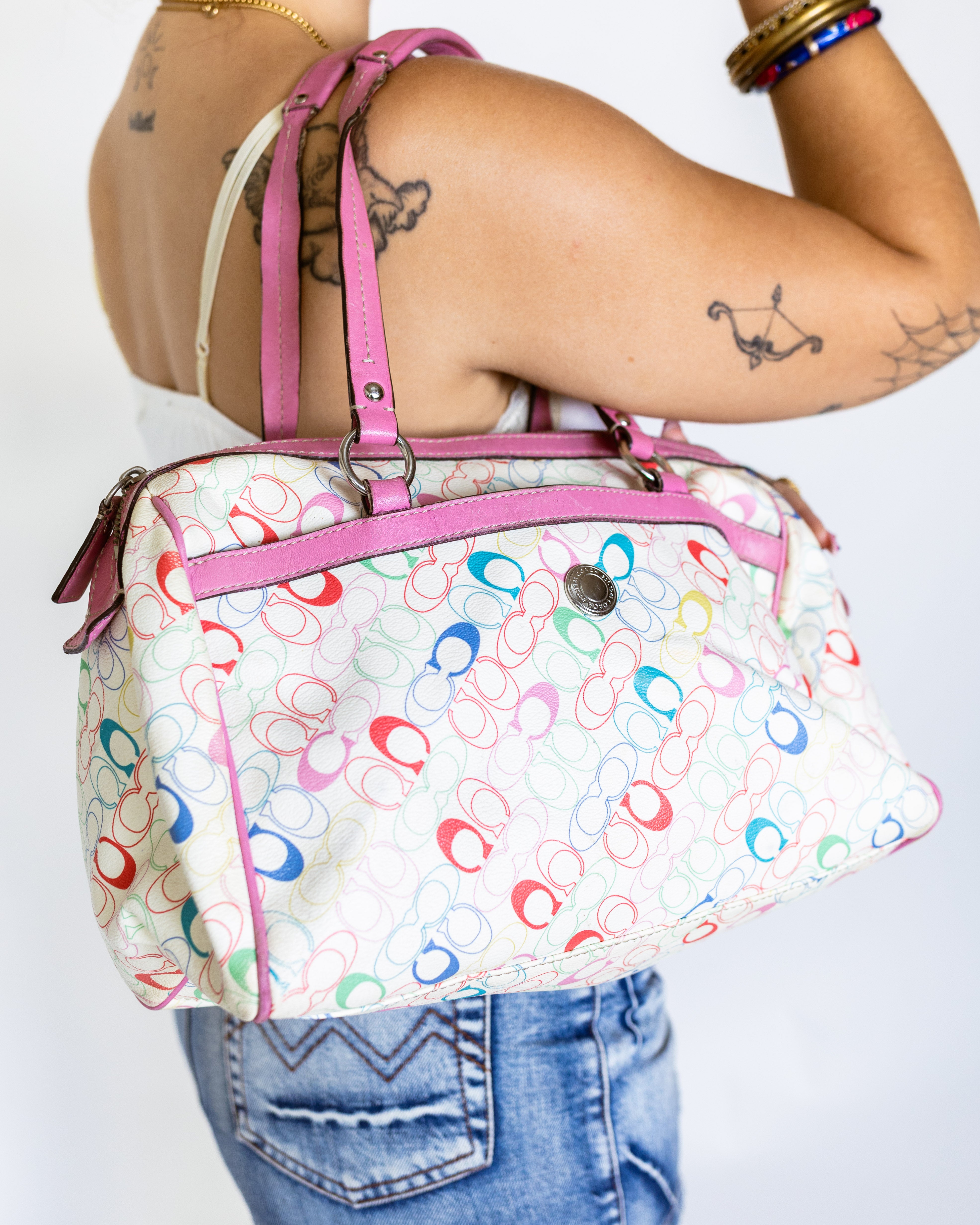 Rainbow Monogram & Bubblegum Pink Coach Barrel Bag