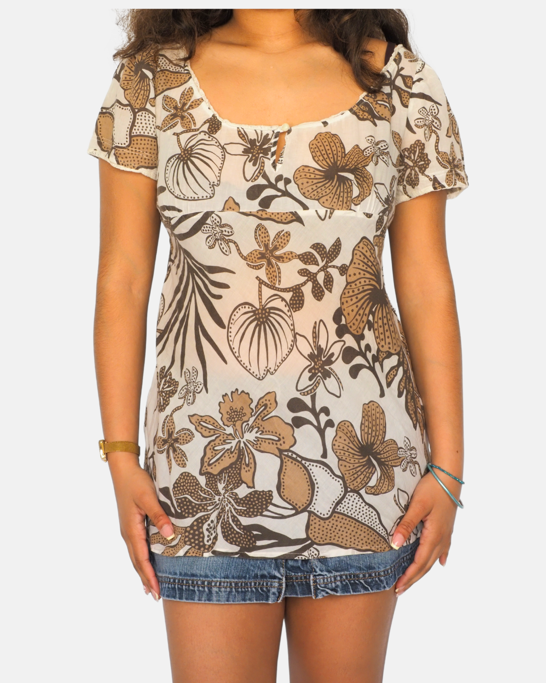 Sisley Beige & Brown Floral Fitted Y2K Top
