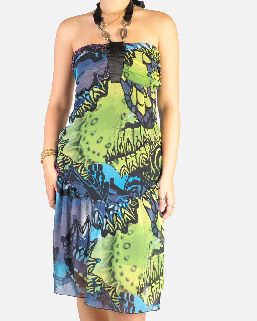 Y2K Abstract Floral Print Halter Midi Dress - Le Group Women