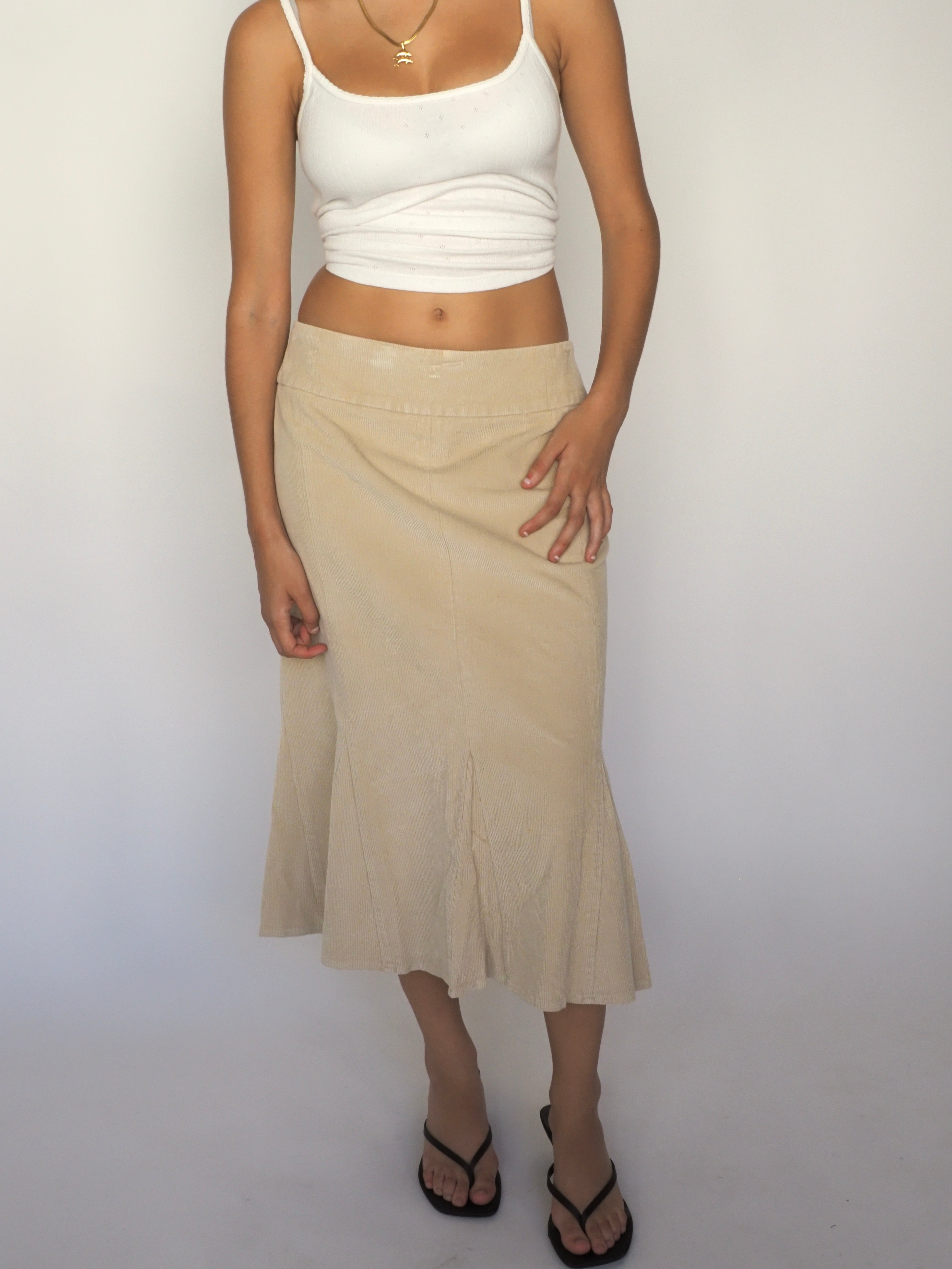 Beige Corduroy Bias-Cut Midi Skirt