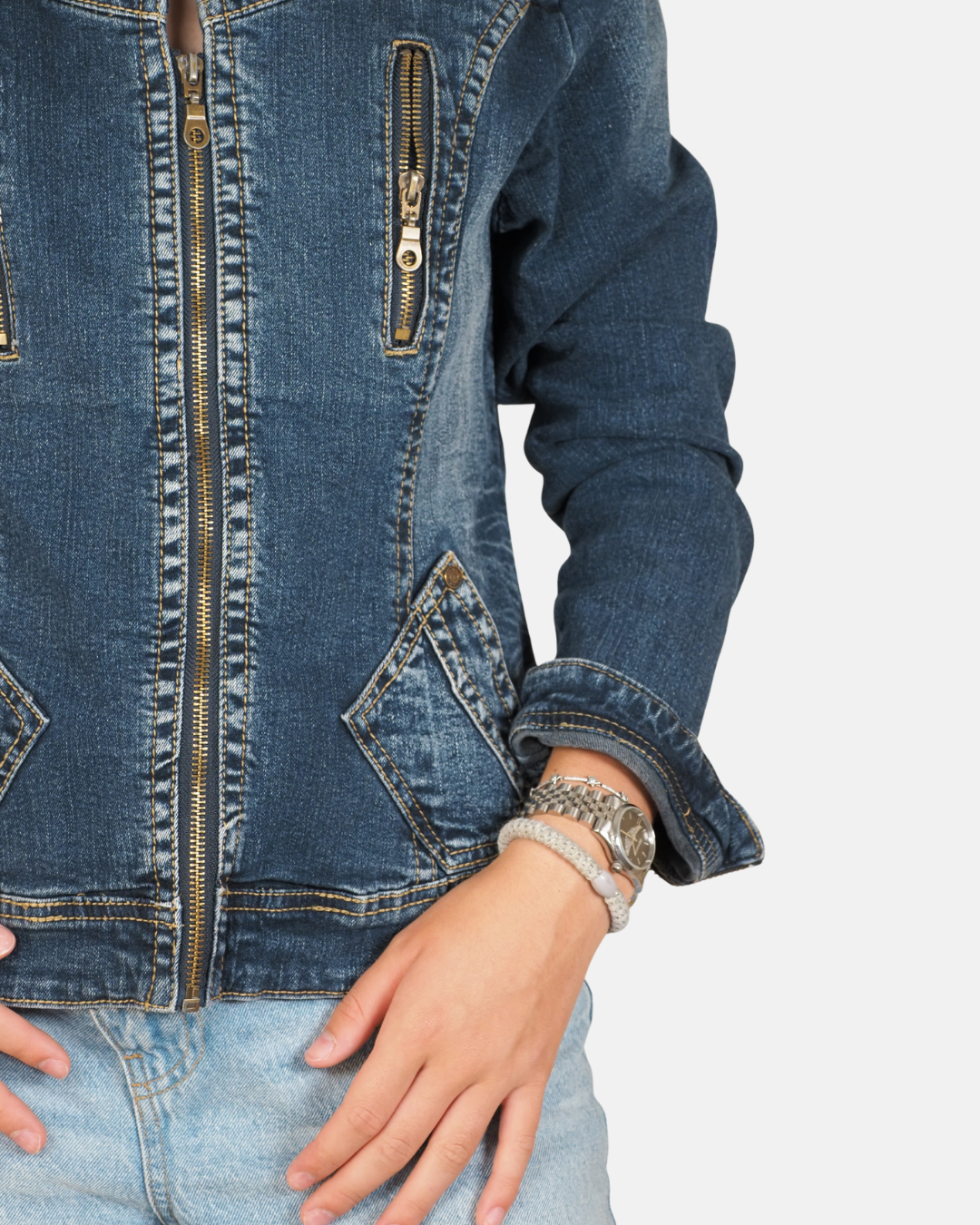 Y2K Zip-Detail Fitted Denim Jacket - My Own