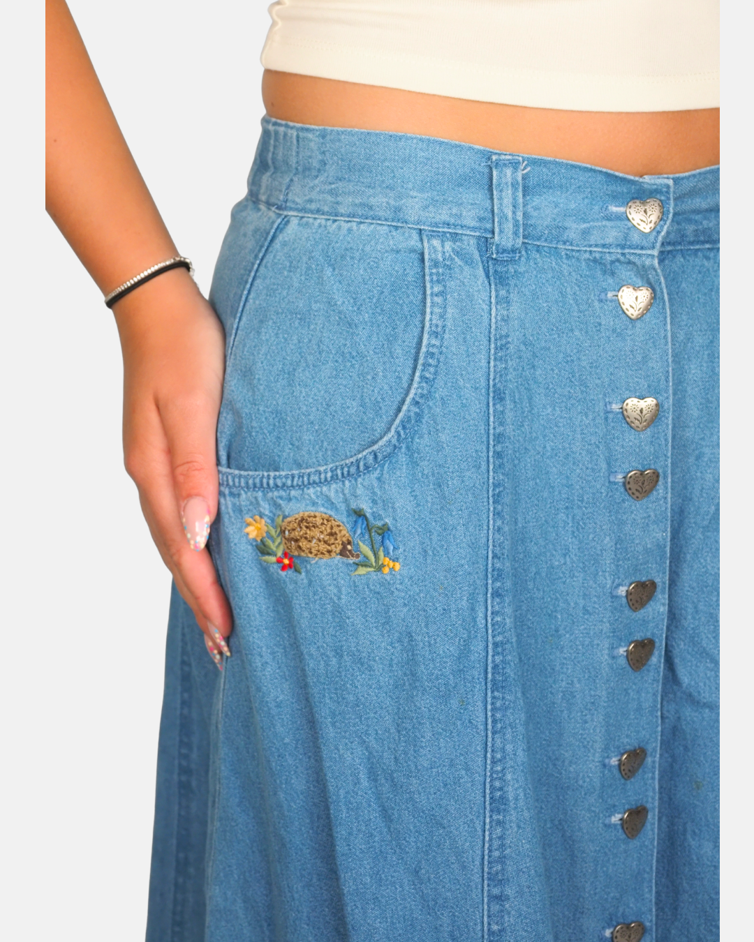 Heart Button Denim Maxi Skirt by Hammershmid
