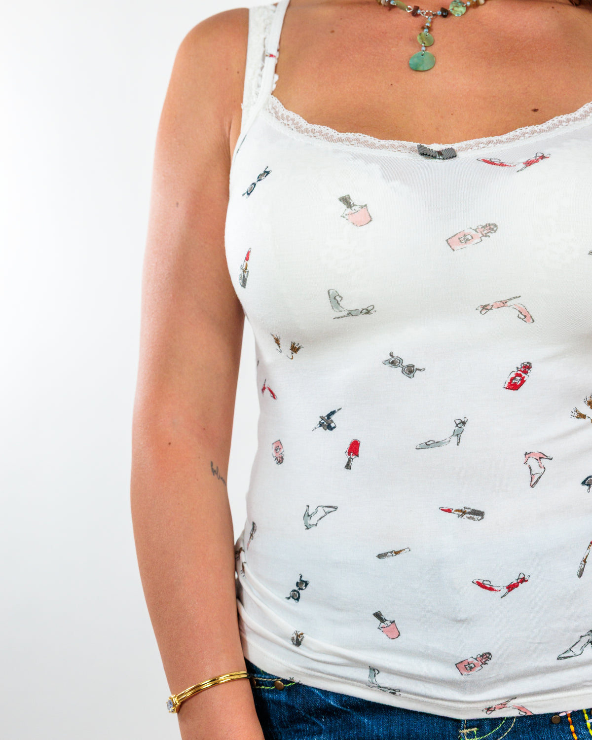 White Fashion Print Lace Camisole