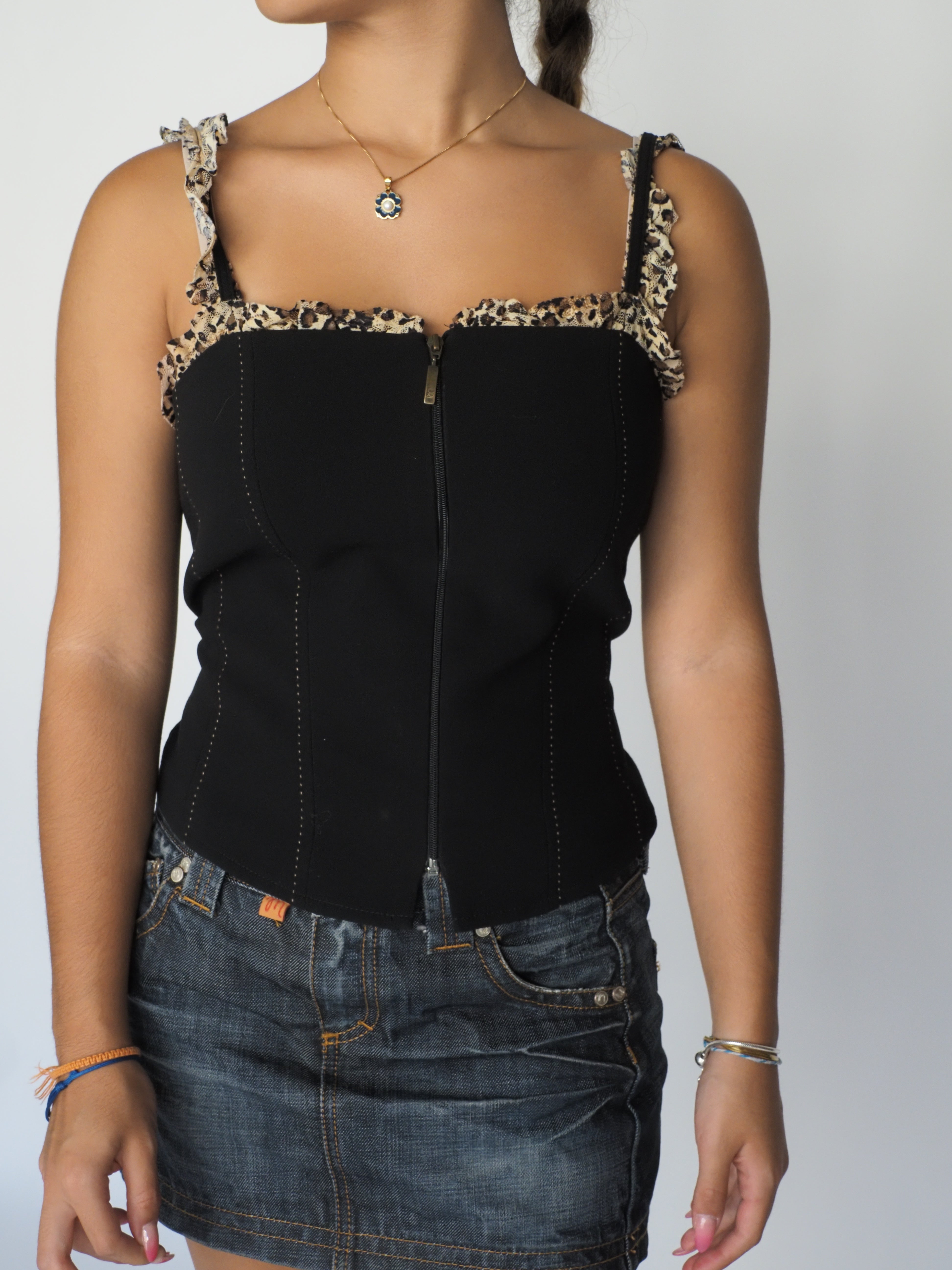 Y2K Black Zip-Up Corset Top with Leopard Trim – Elisalandri