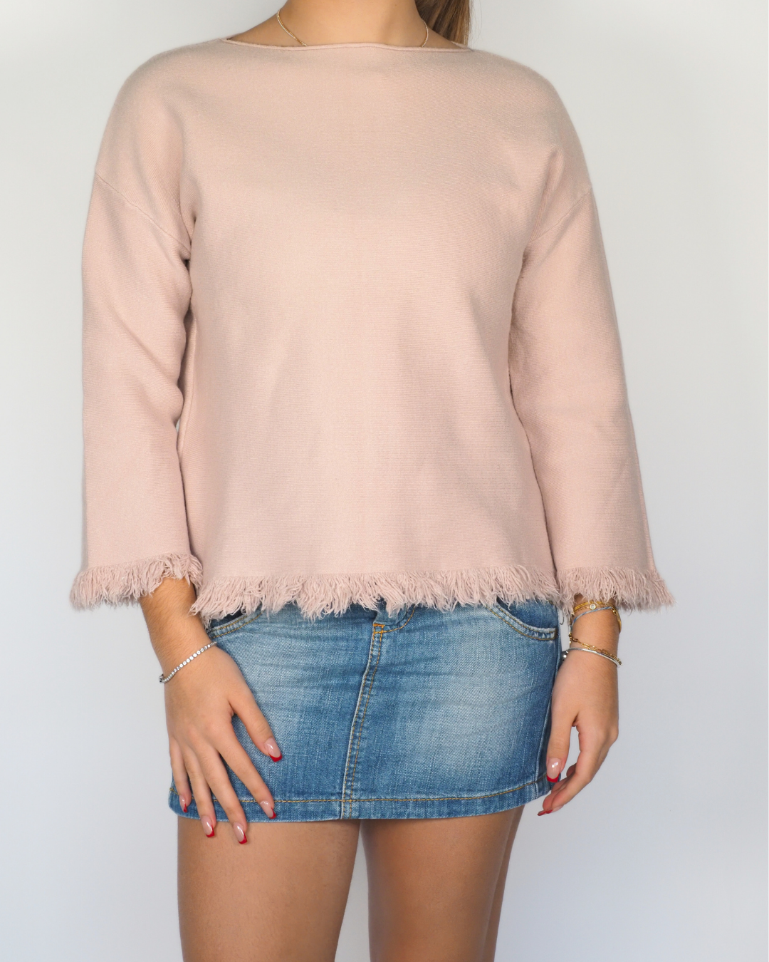 Blush Pink Fringed-Hem Knit Jumper – Soft Minimal Y2K Top