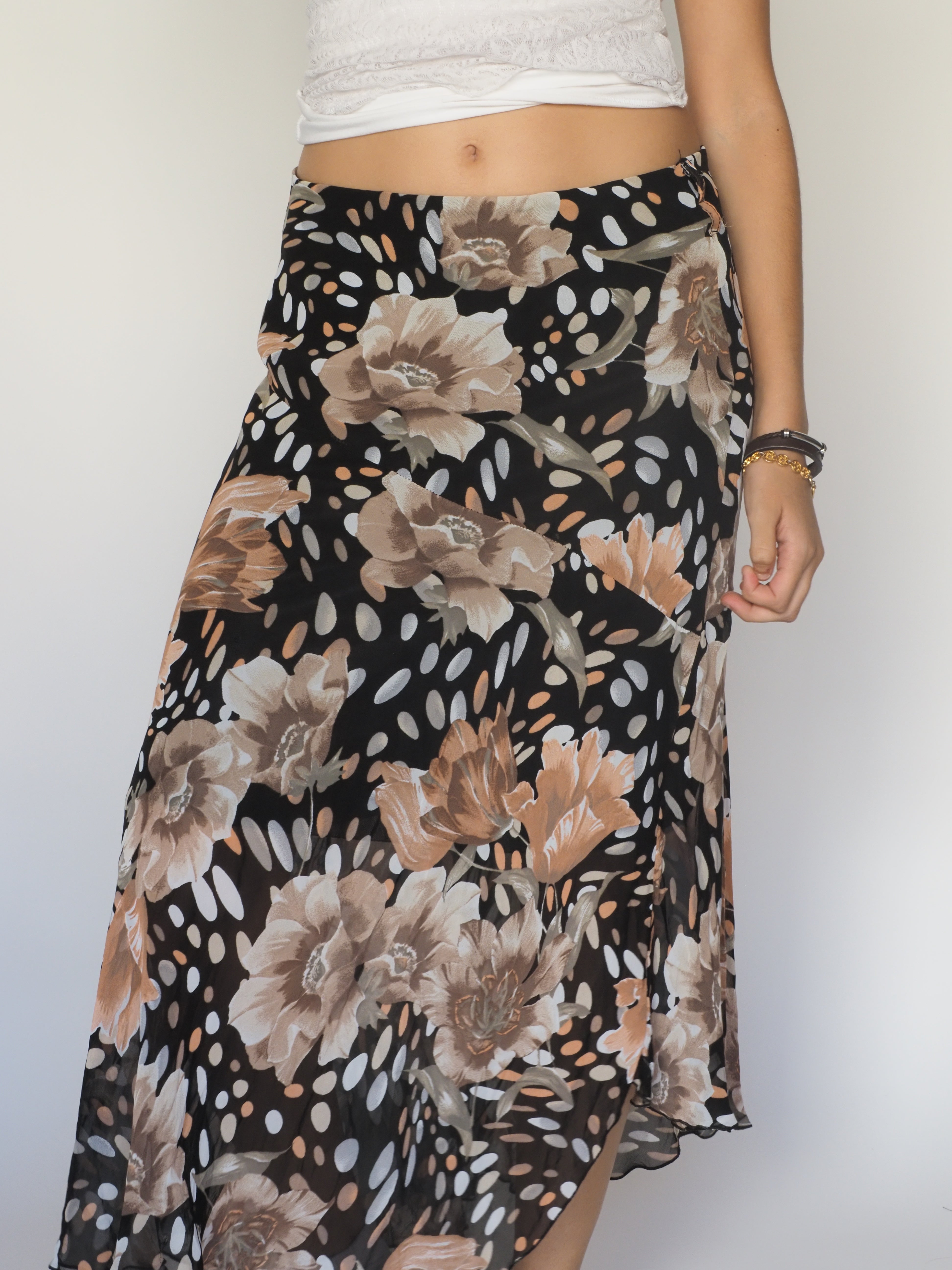 Black & Tan Floral Asymmetric Midi Skirt