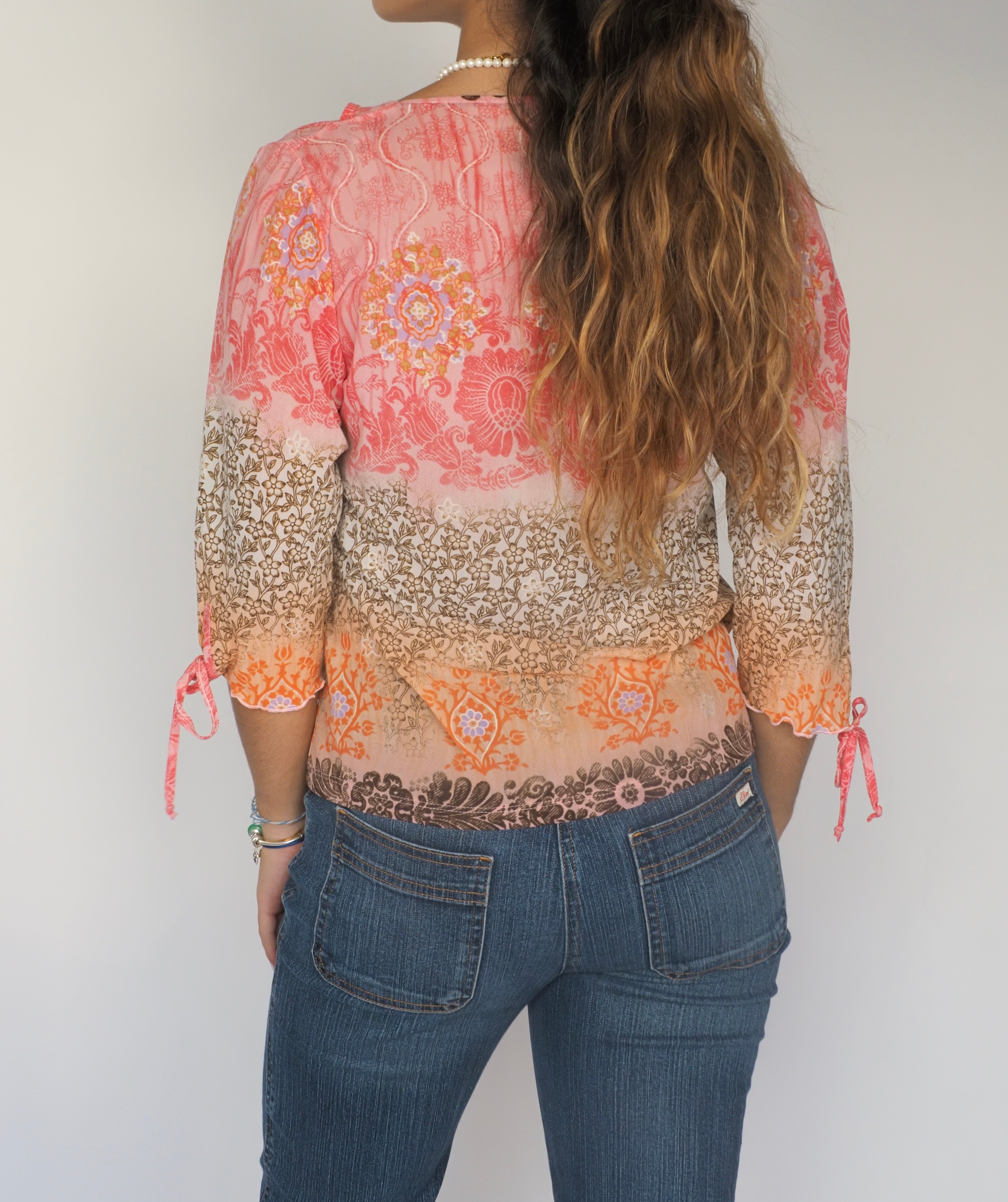 Dori Young – Pink & Orange Boho Cold Shoulder Blouse