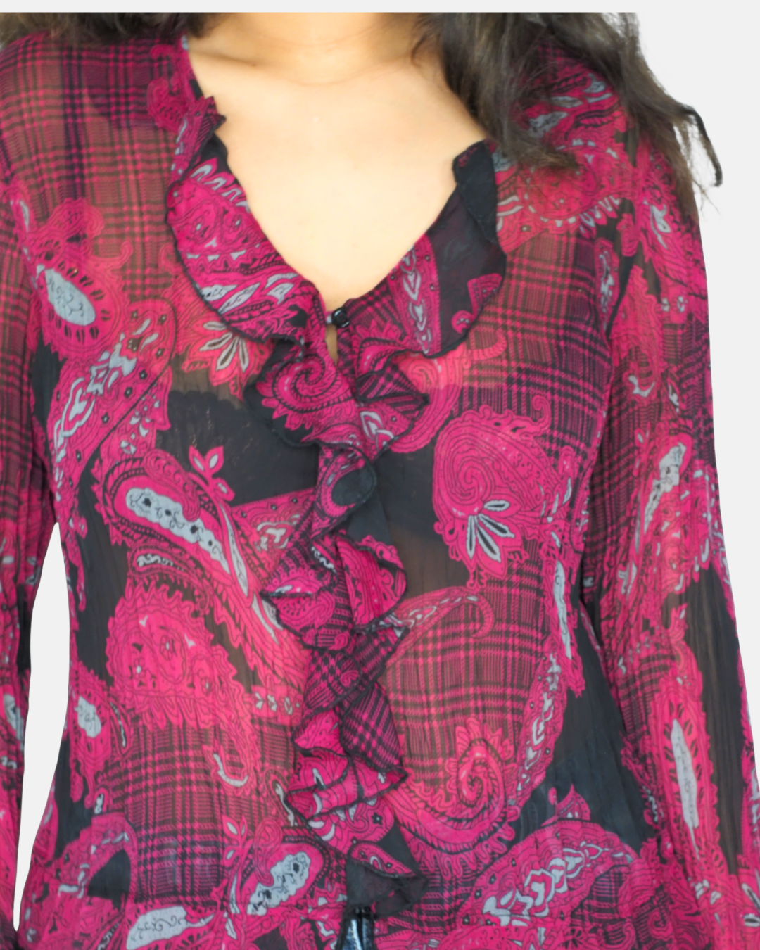 One Touch Red & Black Paisley Sheer Ruffle Blouse