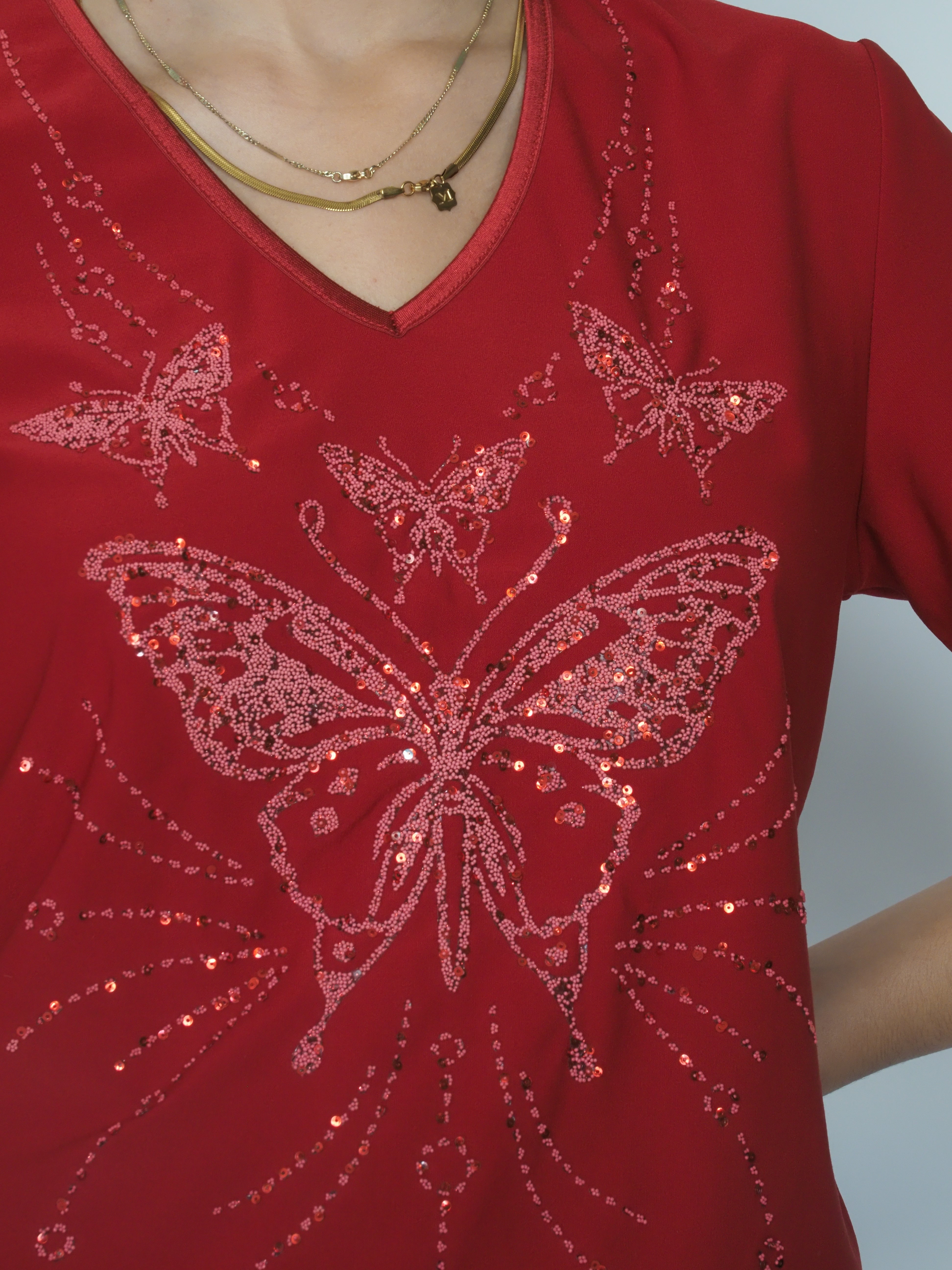Vintage Bonmarché Red Sequin Butterfly Tee – Y2K Statement Top