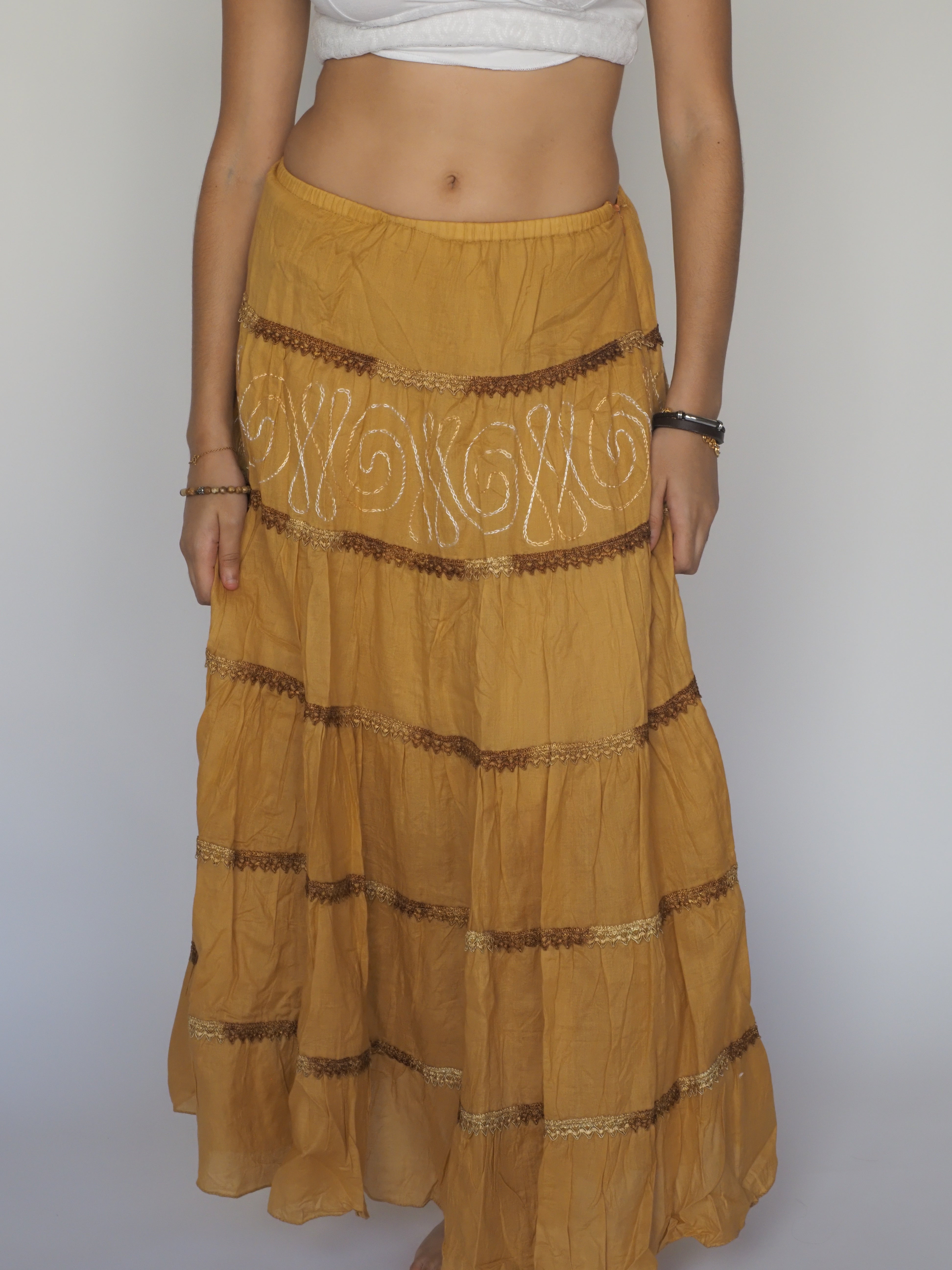 Mustard Boho Tiered Maxi Skirt with Embroidery – Universal