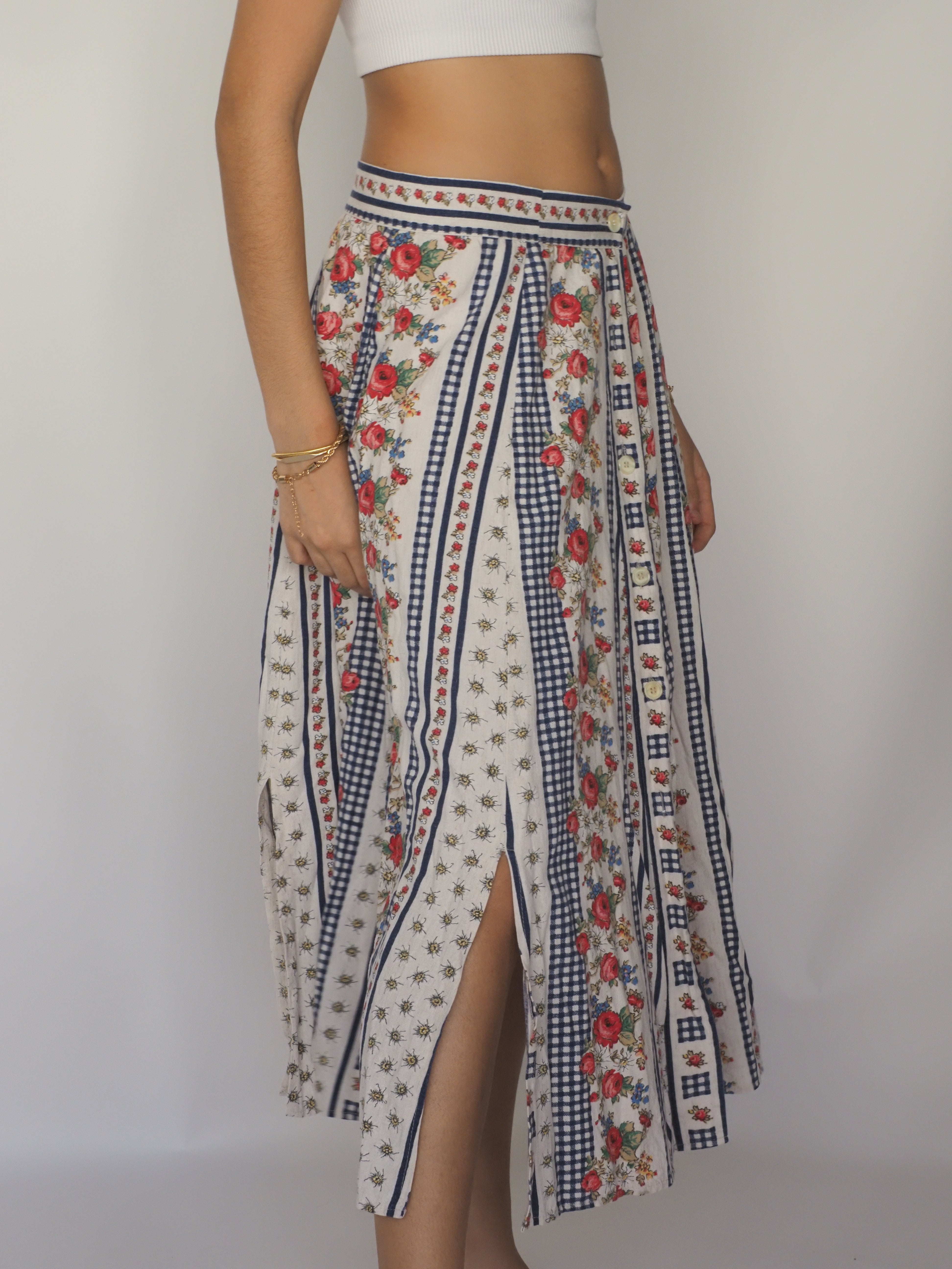 Navy Gingham & Floral Print Midi Skirt with Front Slit