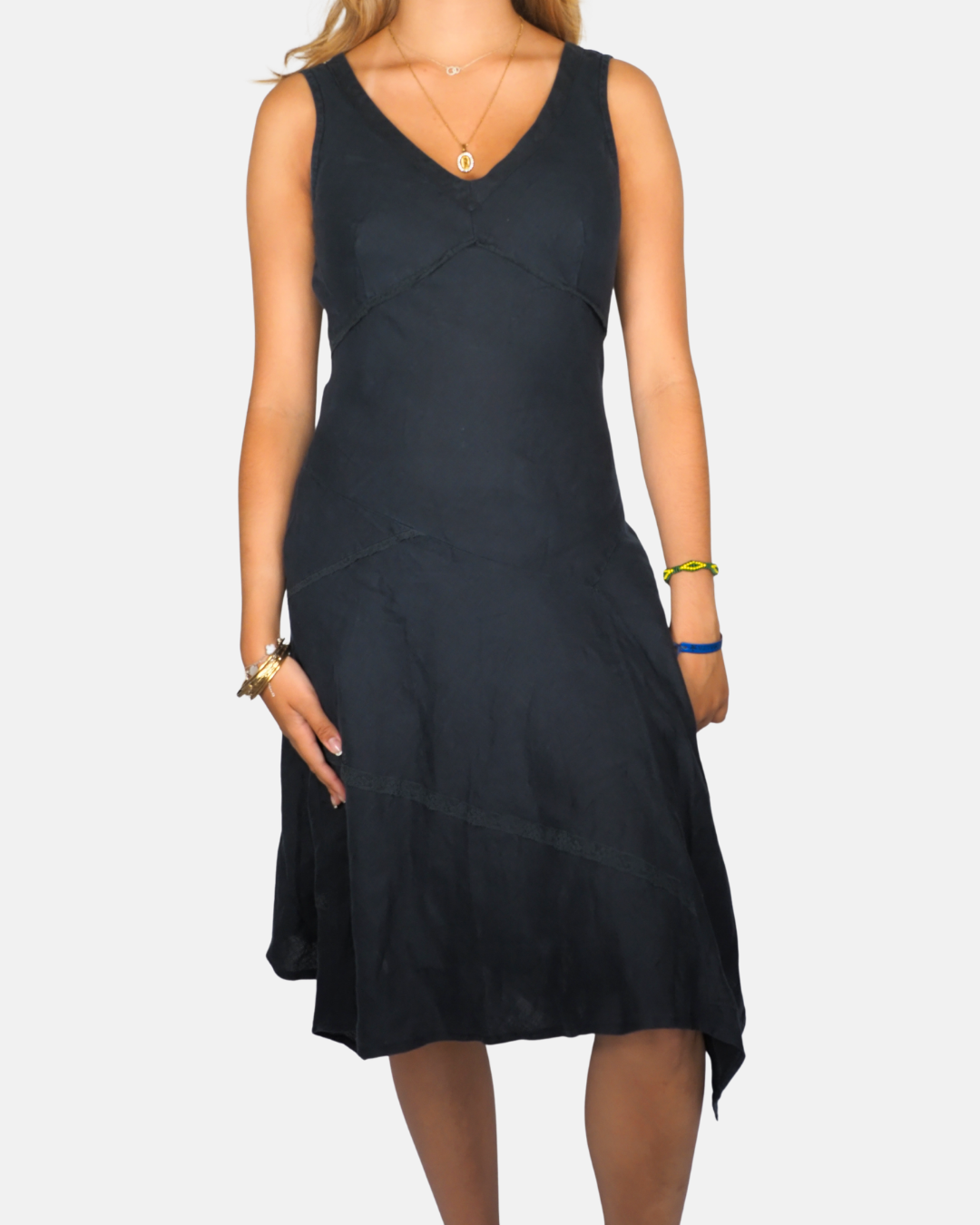 Benetton Black Asymmetric Linen Midi Dress