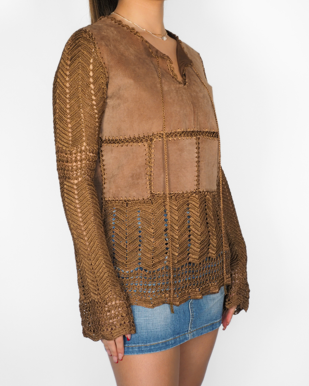 René Derhy Brown Suede & Crochet Boho Top