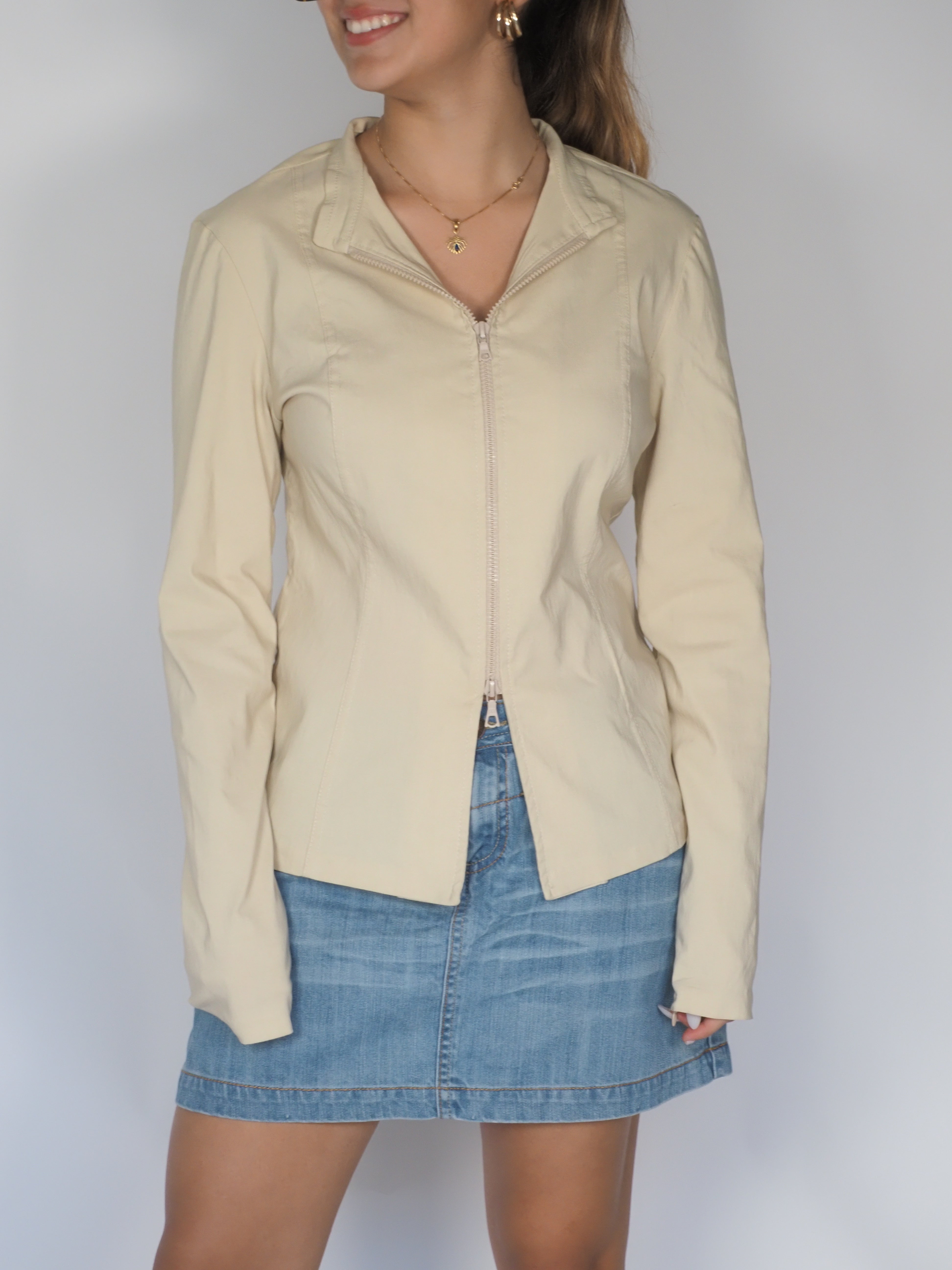 Beige Fitted Zip-Up Jacket