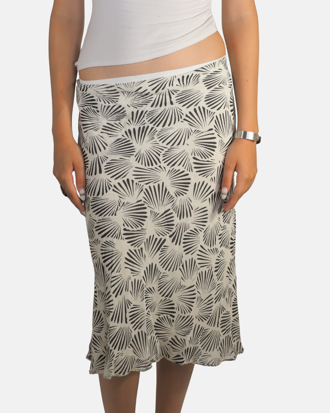 Eggshell White and Black Abstract Print Midi Skirt