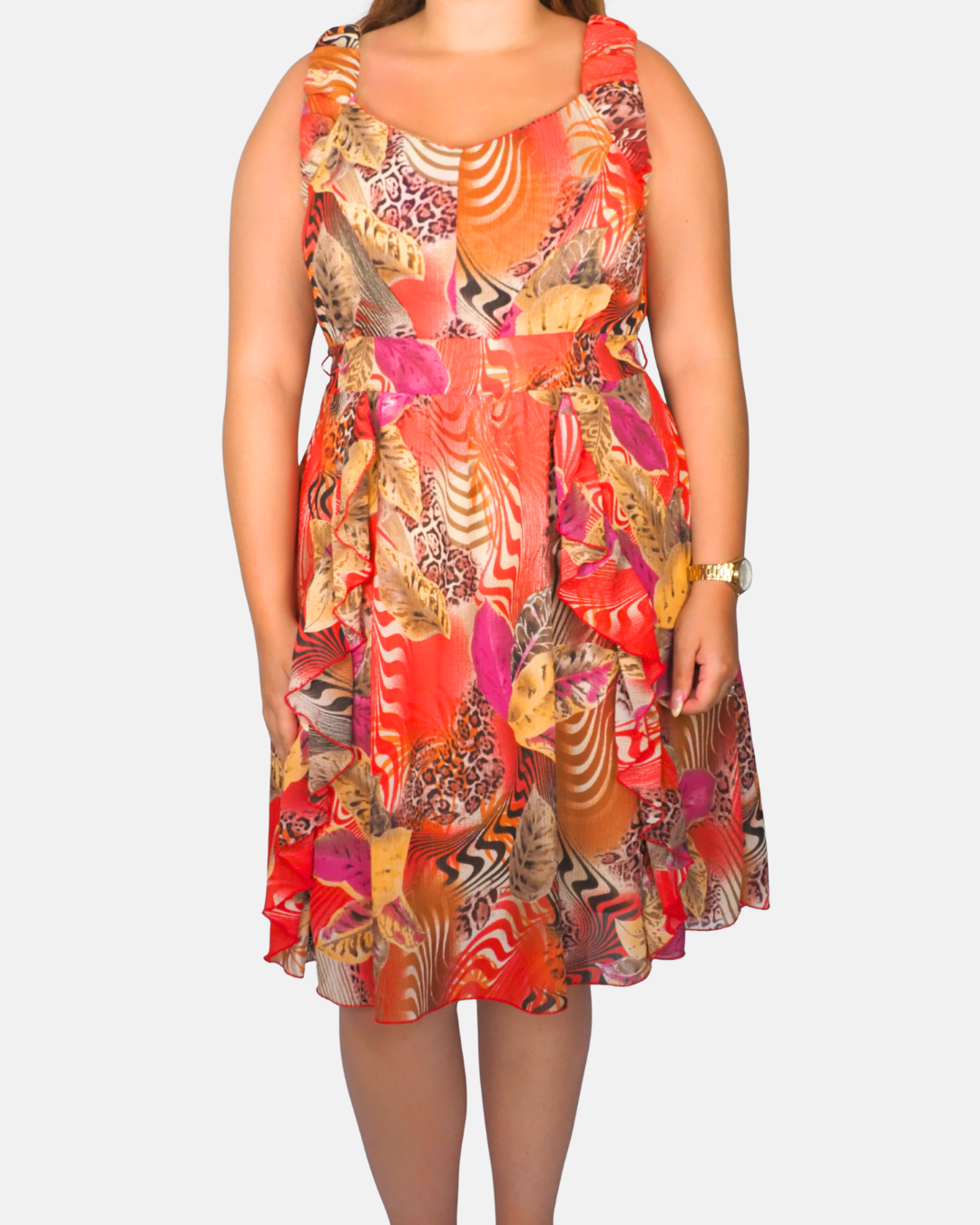 Conbipel Coral Abstract Tropical Print Ruffle Dress