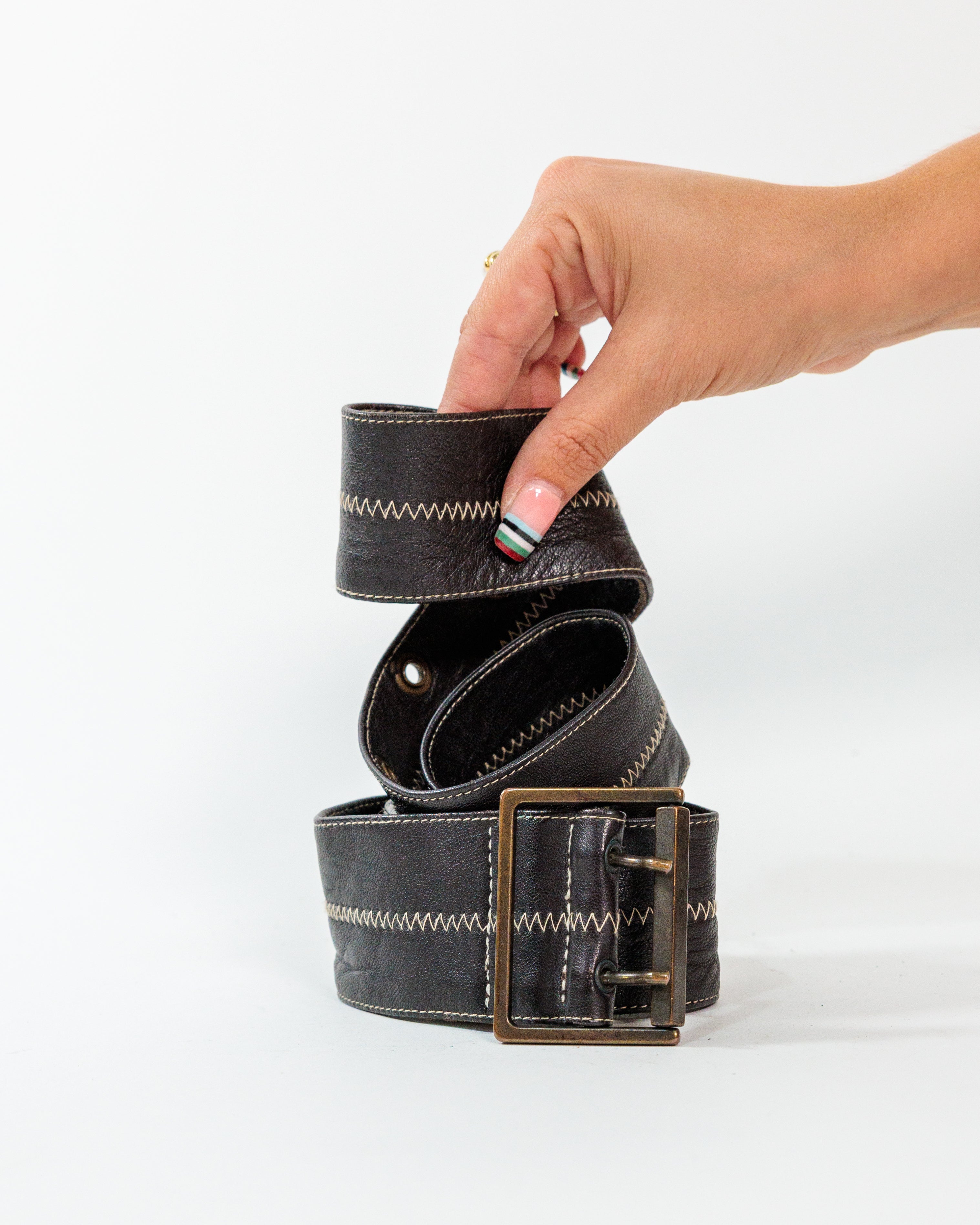 Brown Contrast Stitch Wide Belt