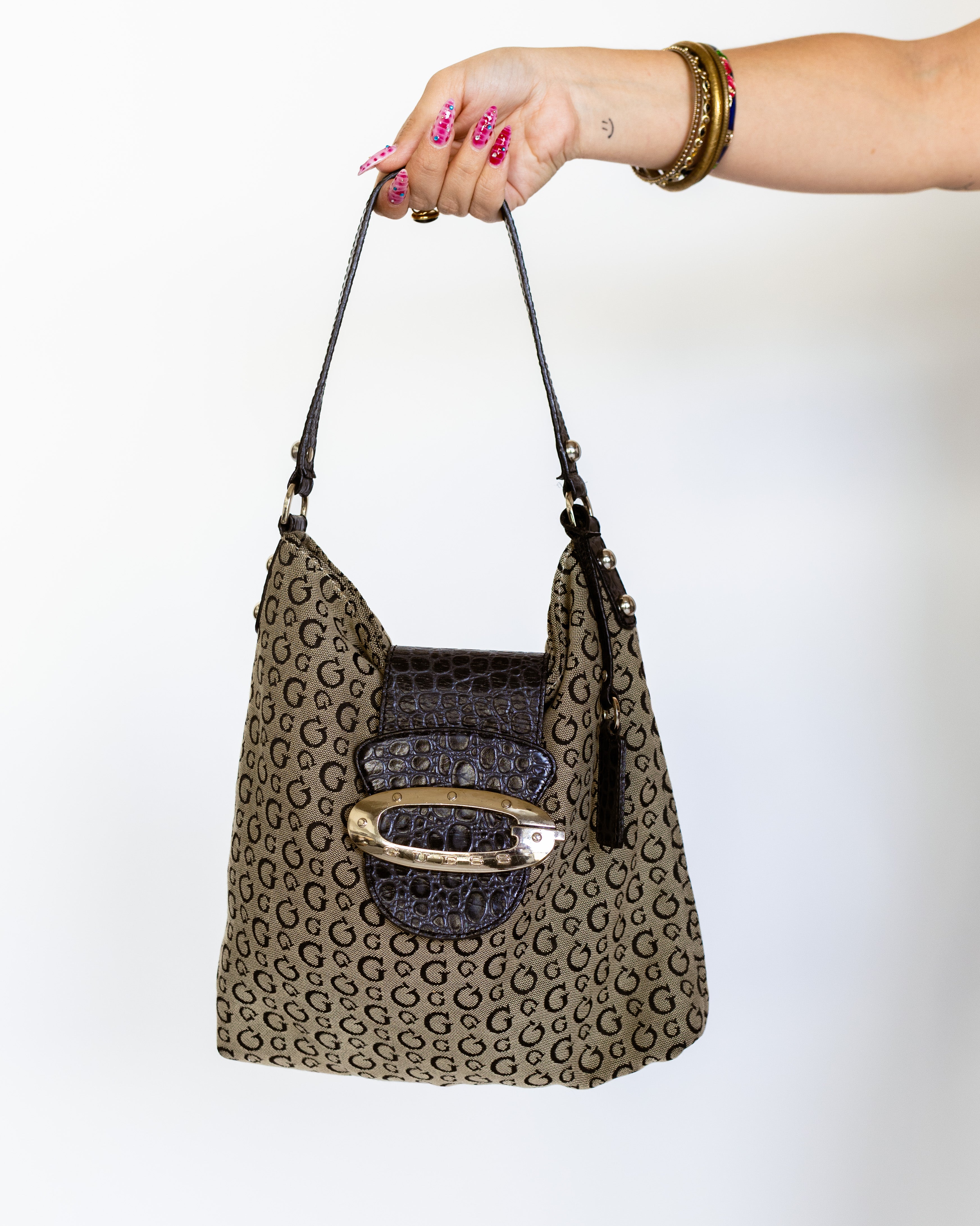 Guess Monogram Buckle Shoulder Bag with Croc-Embossed Trim