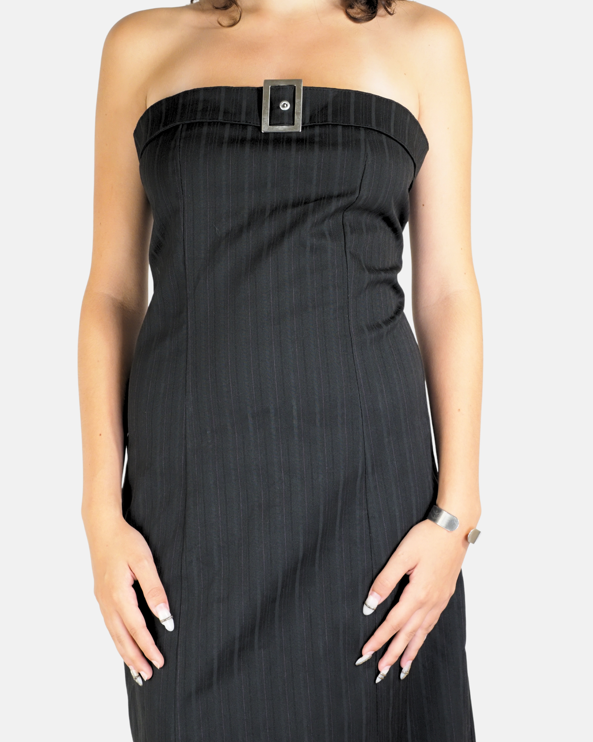 Black Pinstripe Buckle Strapless Midi Dress