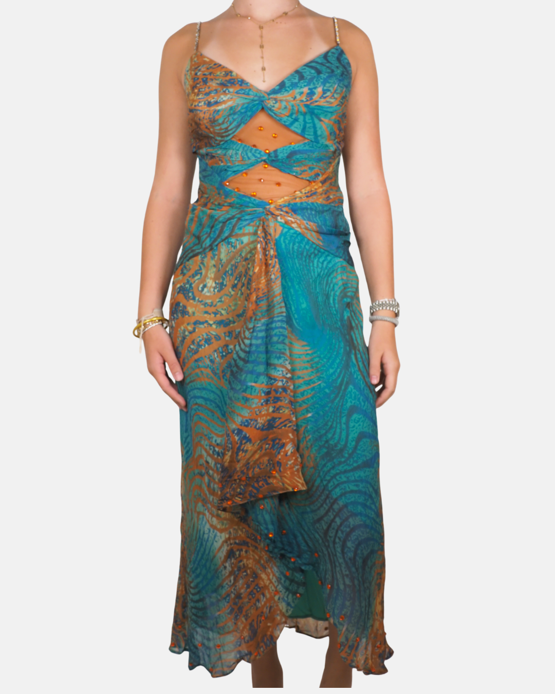 Turquoise Cut-Out Beaded Maxi Dress - One Fayazi
