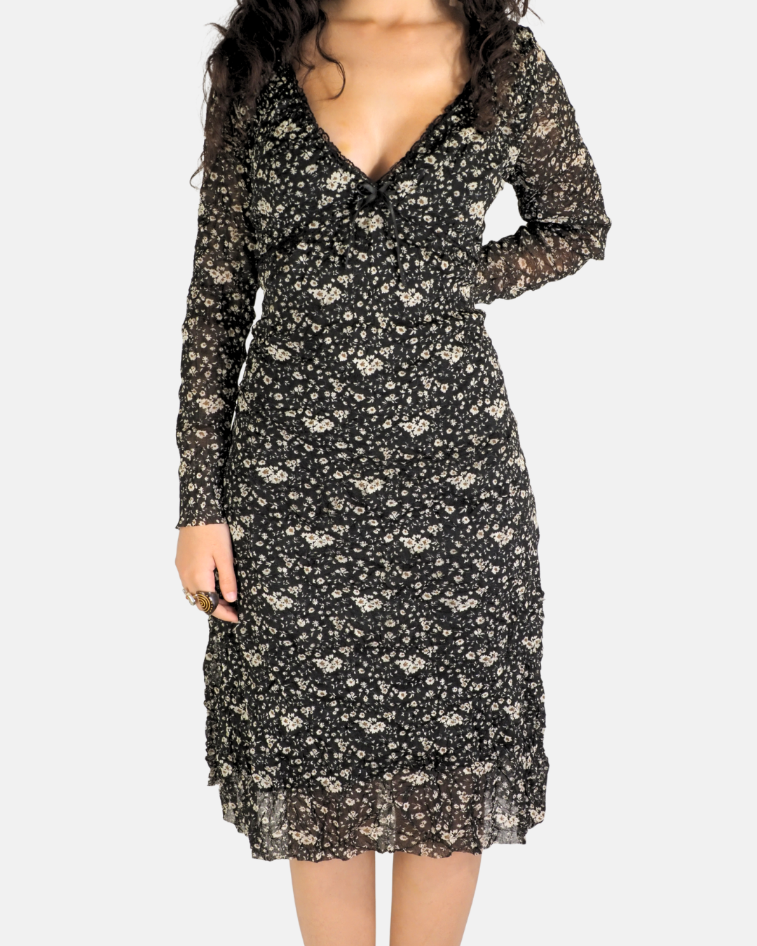 Black Floral Ruched Mesh Midi Dress - Mixerì