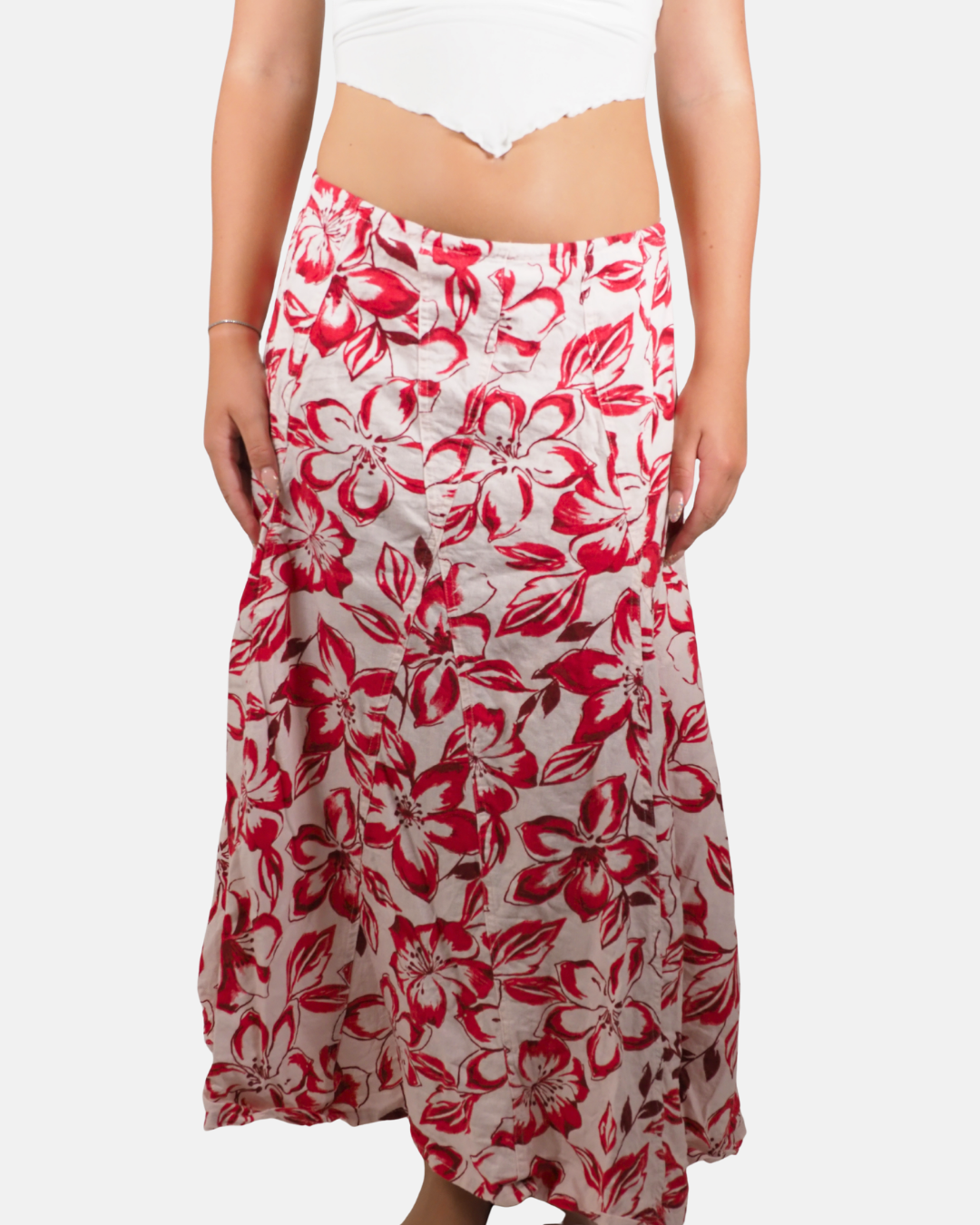 Red Floral Linen Blend Midi Skirt by Evie